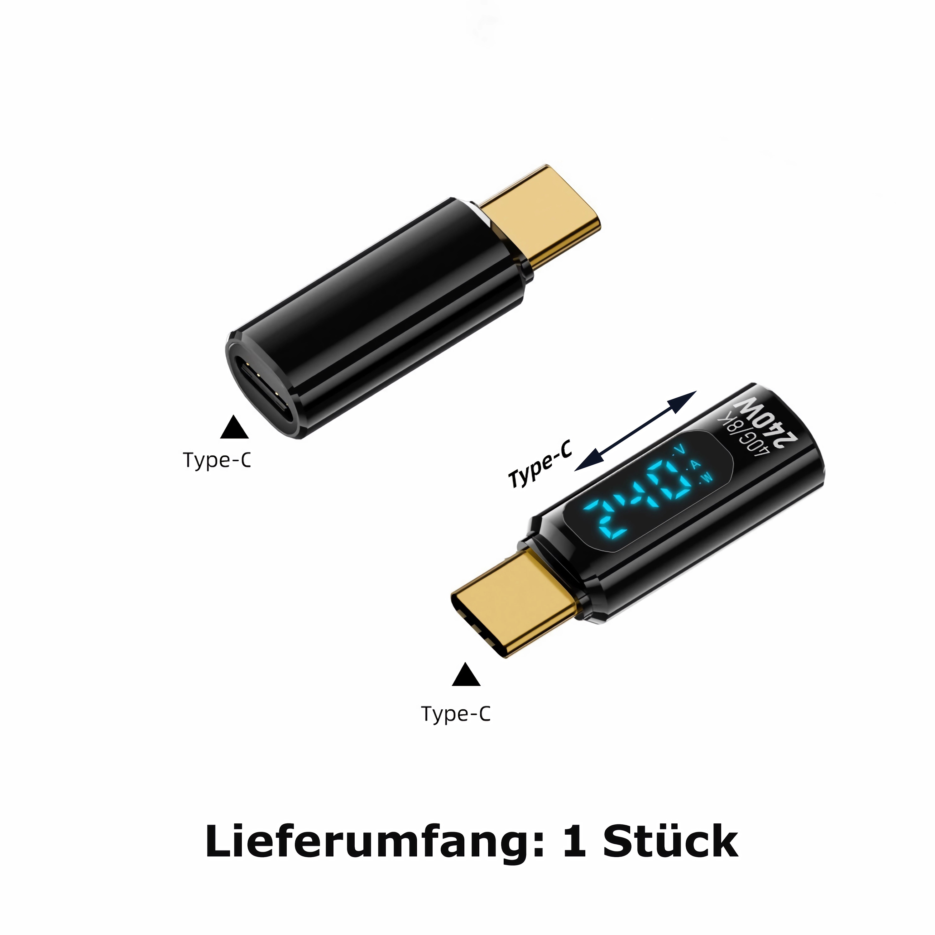 Zwei schwarze USB-C-Adapter, einer zeigt 240W und Maße mit Textbeschriftungen.