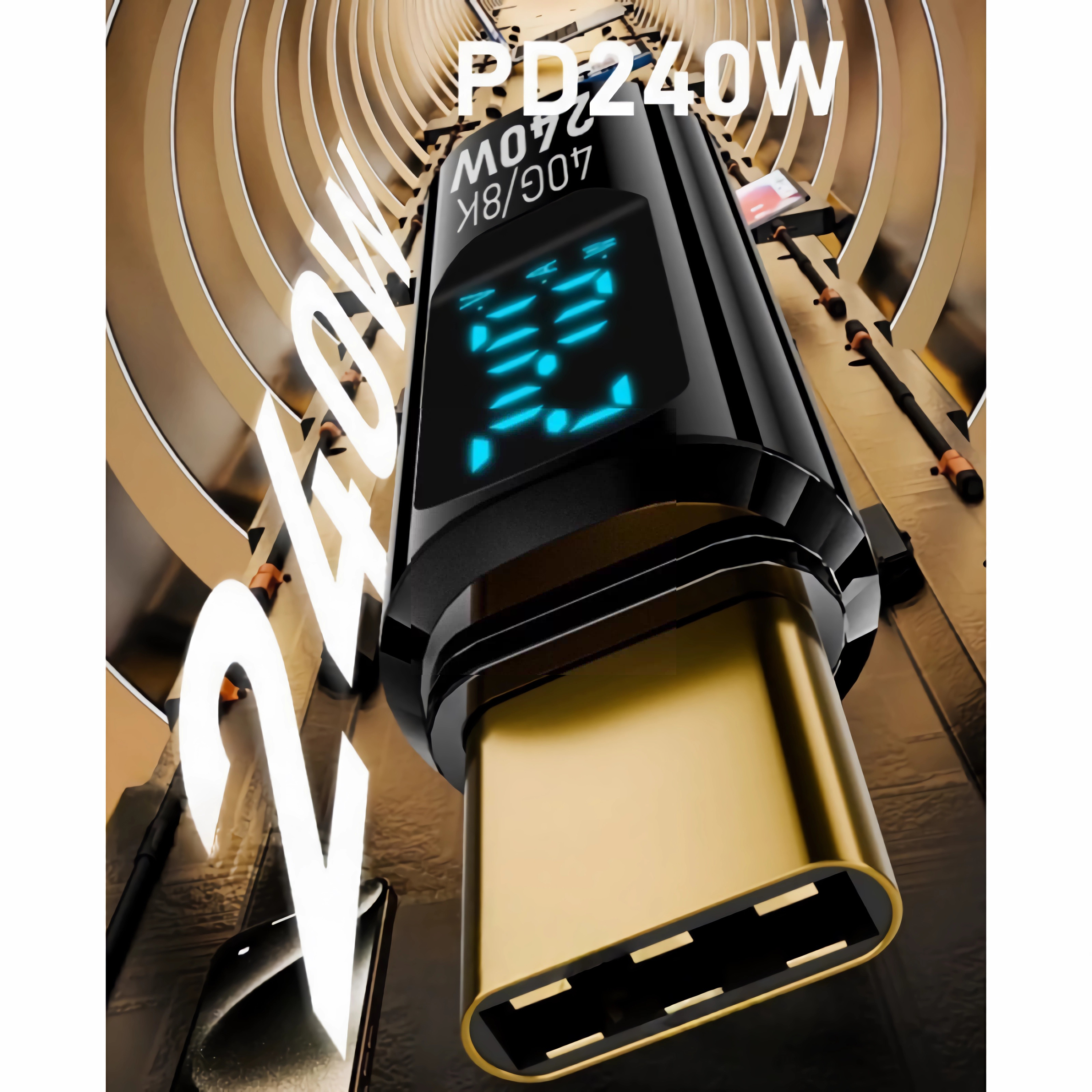 Nahaufnahme eines schwarzen USB-C-Adapters mit 240W, goldenem Stecker und Text.