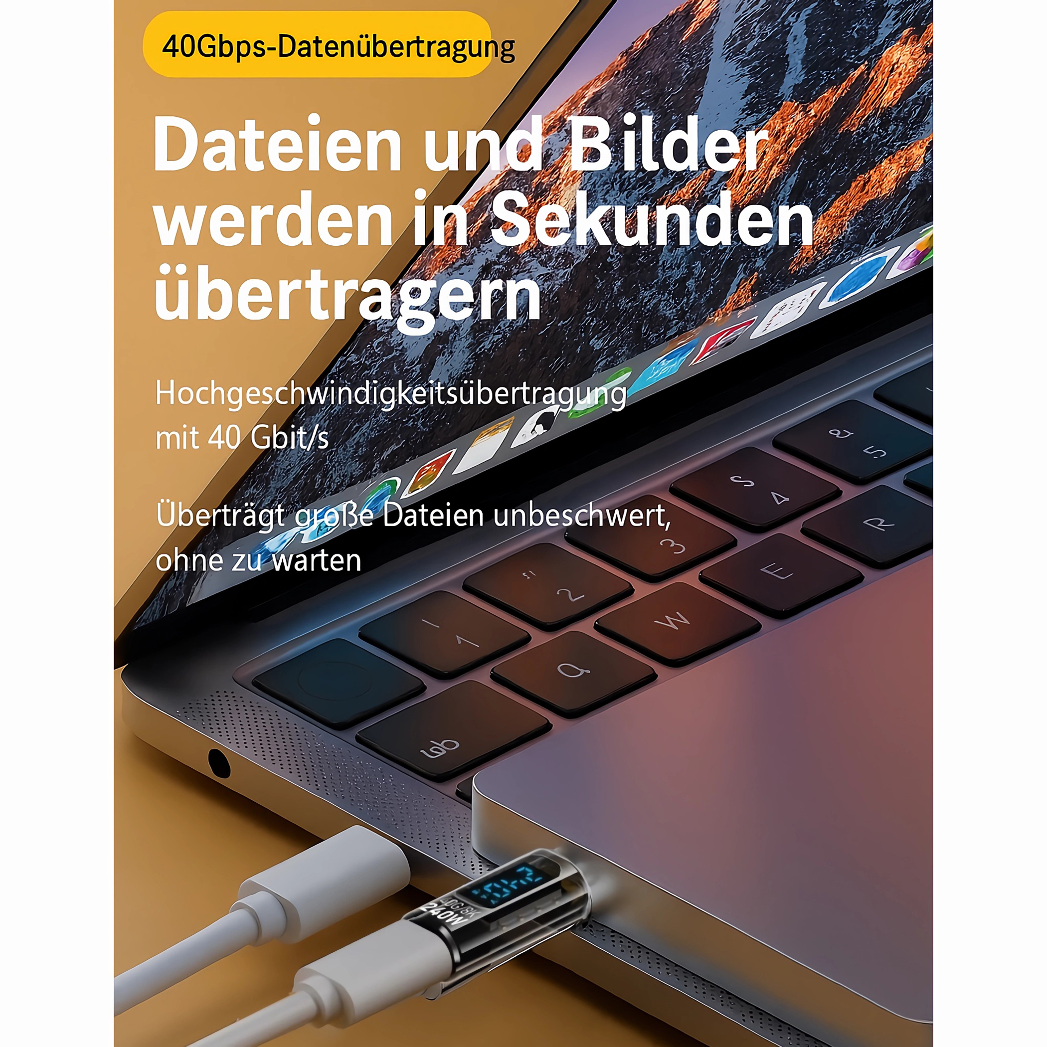 Laptop mit Kabel verbunden. Text auf Deutsch besagt Datenübertragungsgeschwindigkeit und Dateiübertragung.