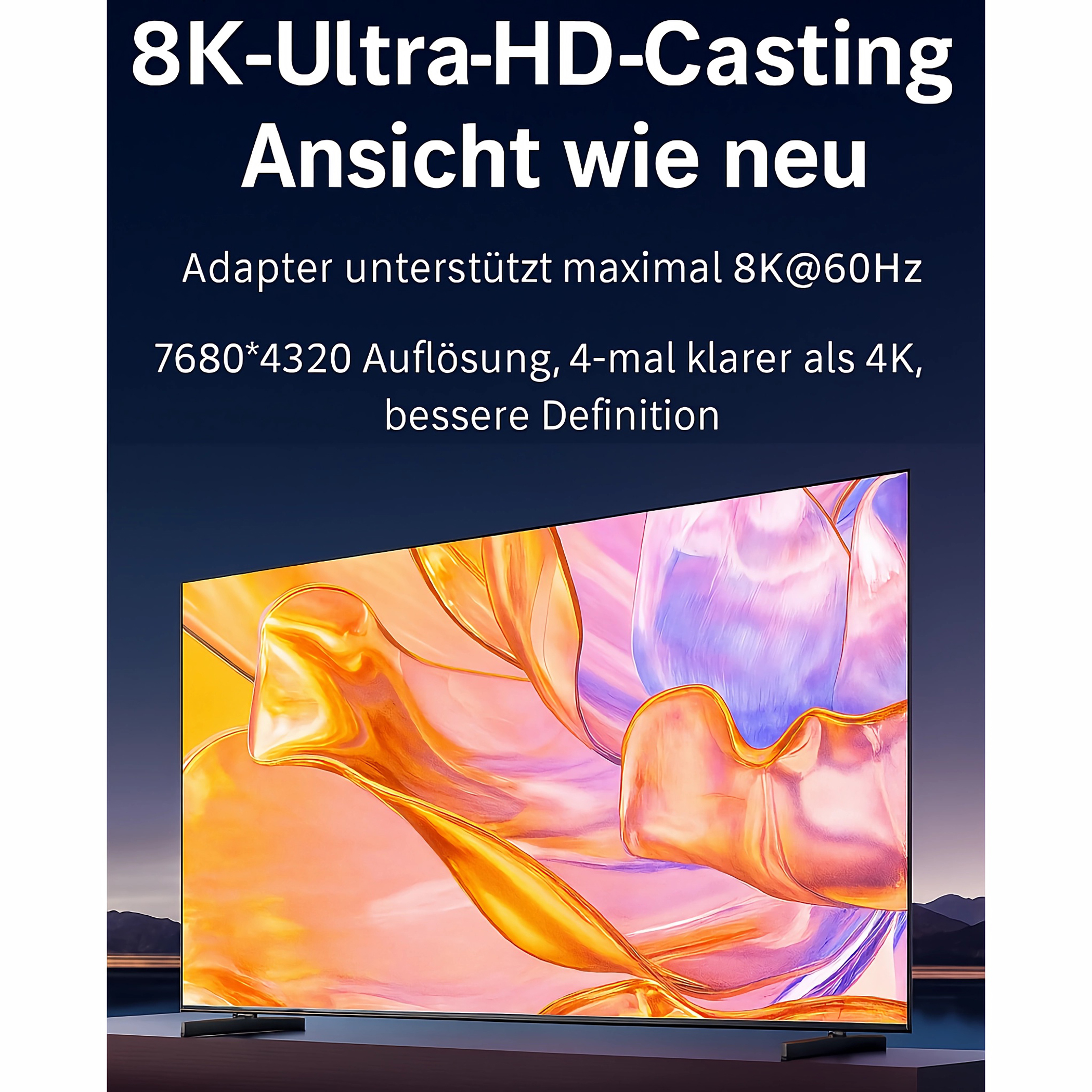 Ein großer, gebogener Bildschirm mit einem abstrakten goldenen Blumendesign, mit Textüberlagerung.