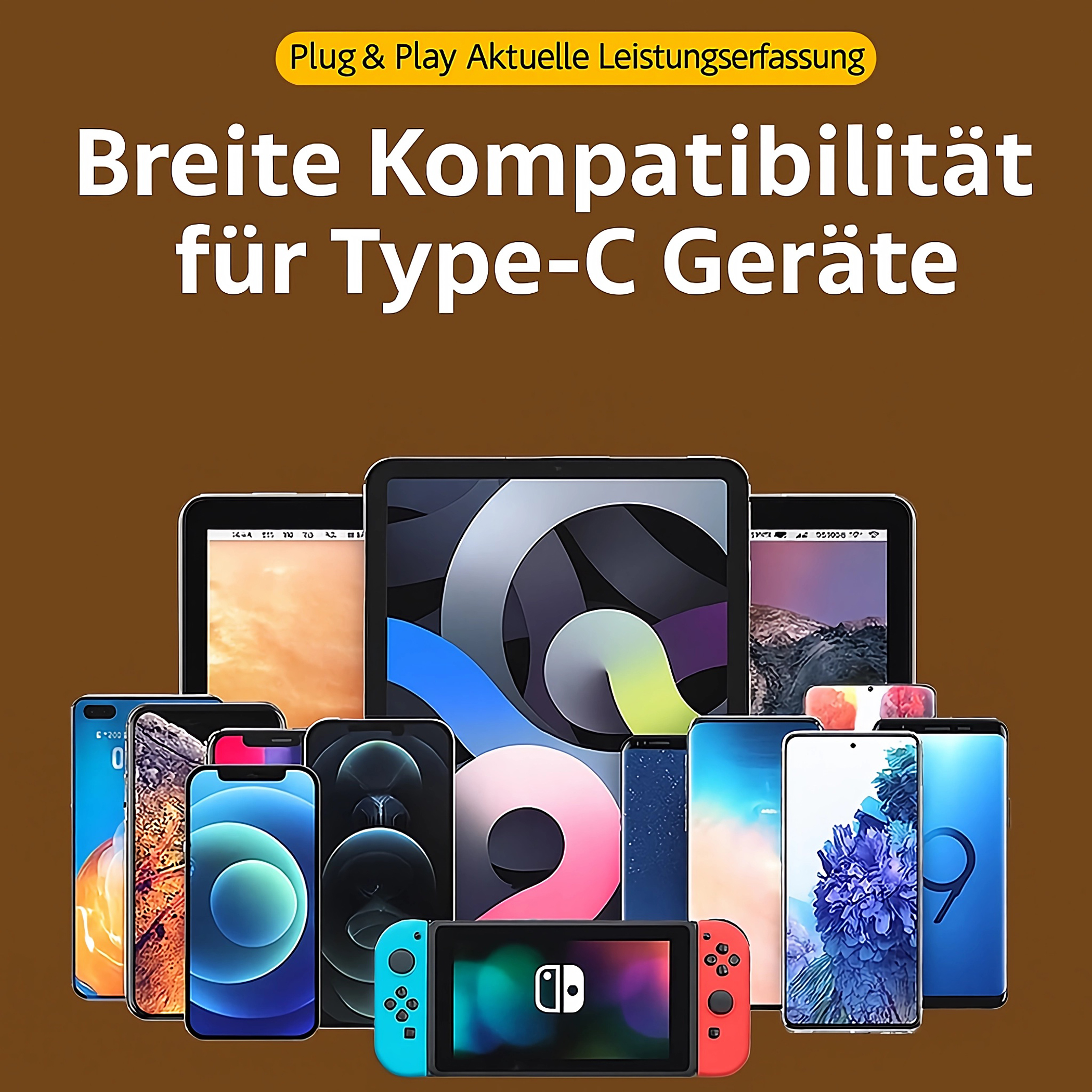 Sammlung von Smartphones und Tablets auf braunem Hintergrund mit Text 'Breite Kompatibilität'.