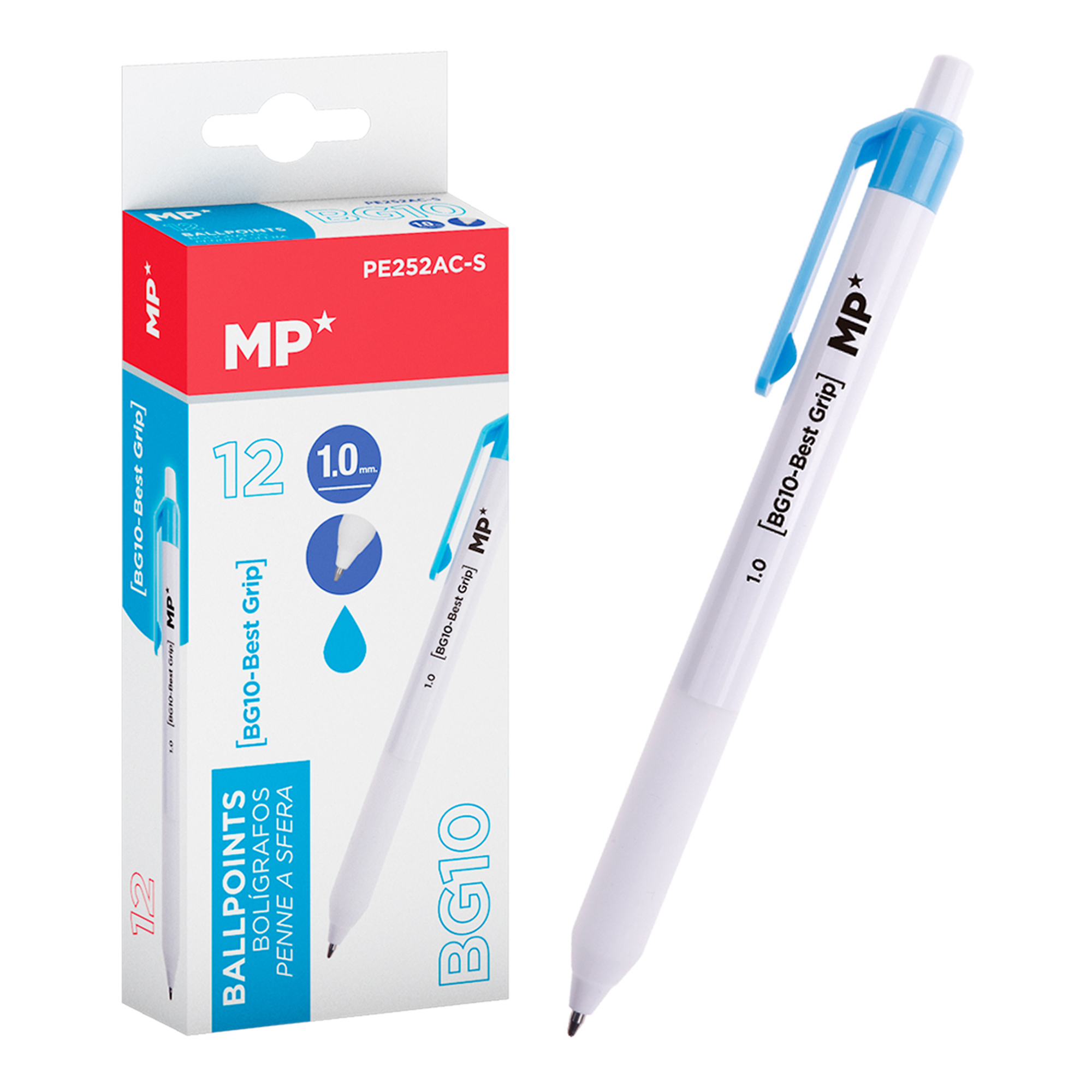 Una penna bianca con clip blu e inchiostro nero in una scatola.
