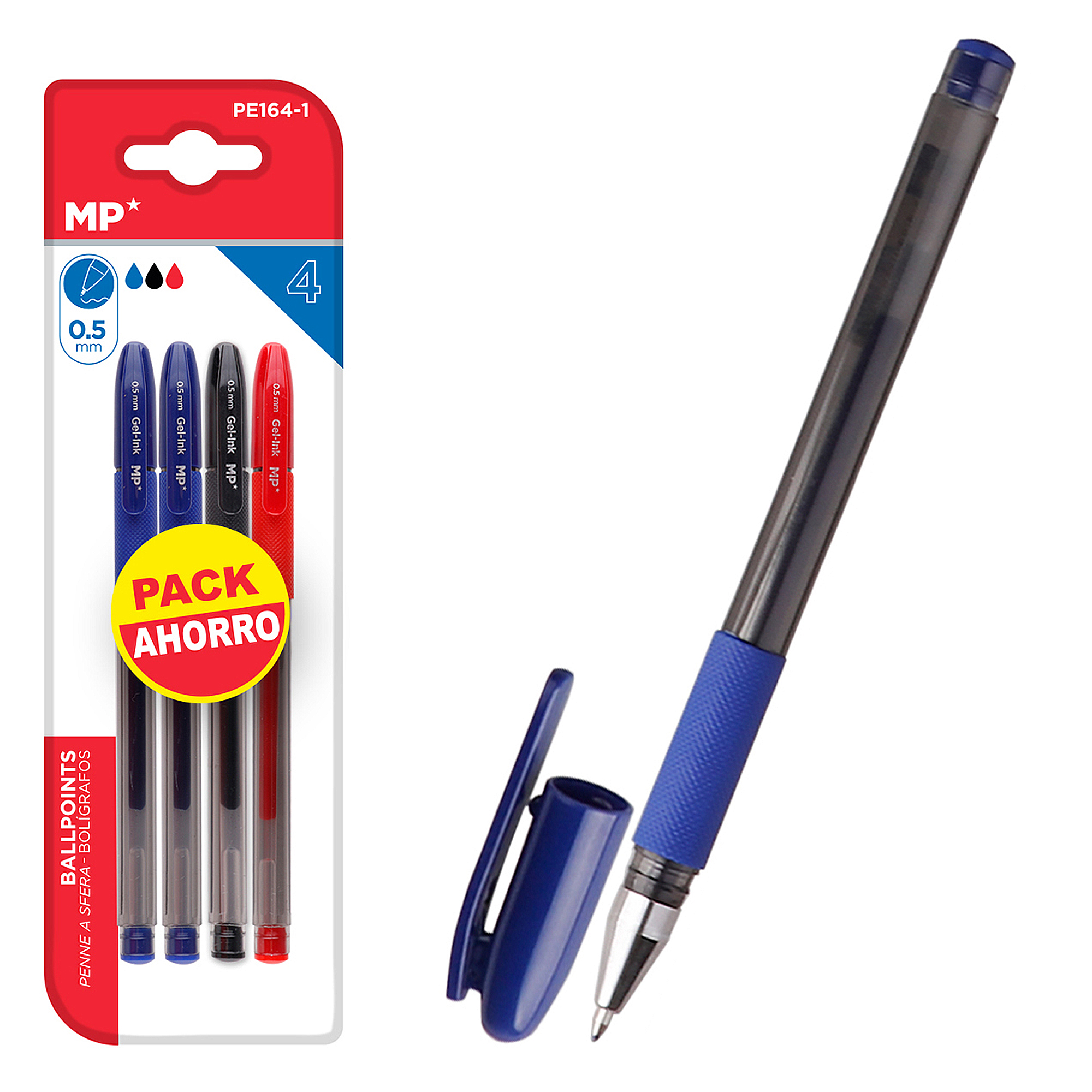 Un pacco di quattro penne a sfera blu, nere e rosse, con una penna blu accanto.