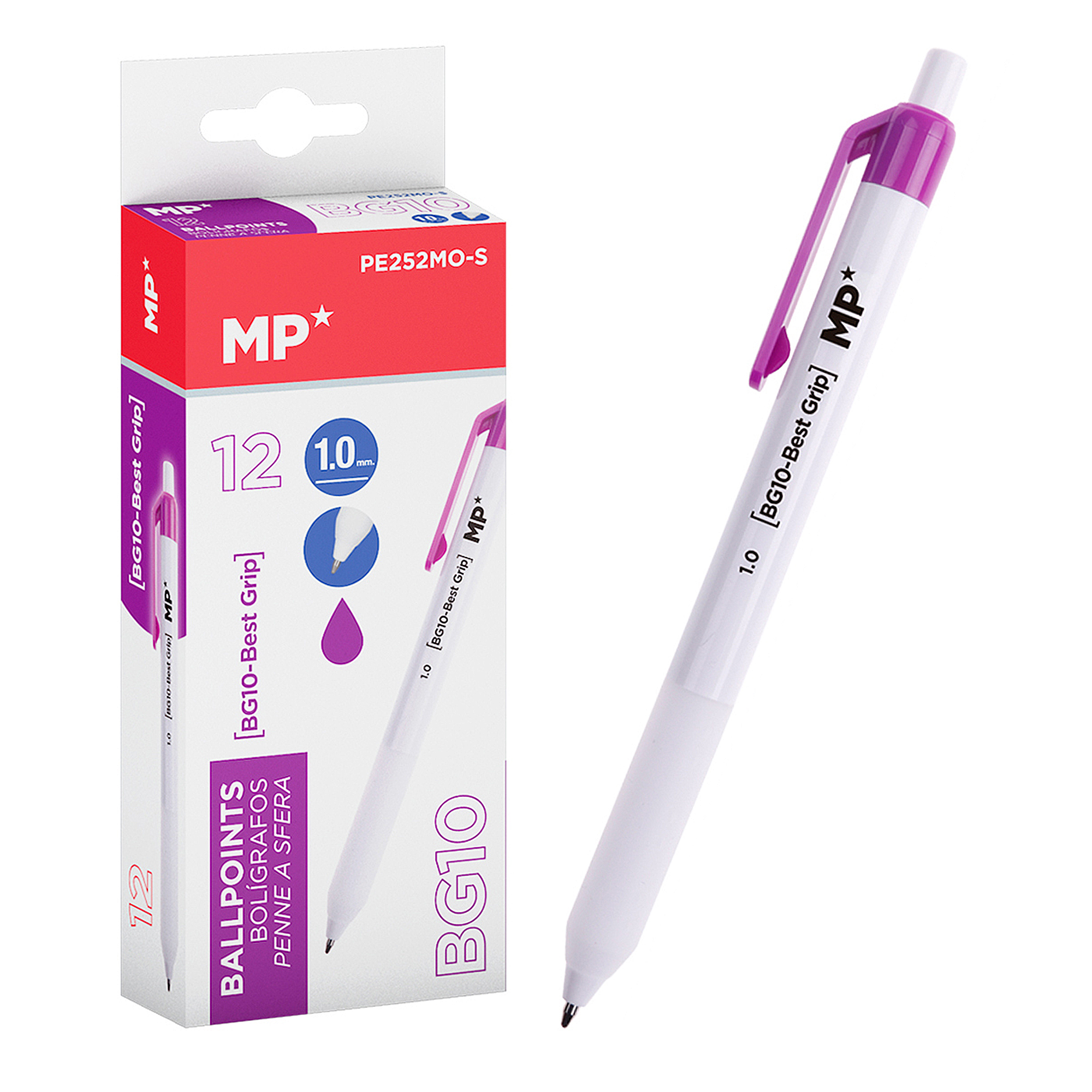 Una penna bianca con clip viola e inchiostro nero in una scatola.