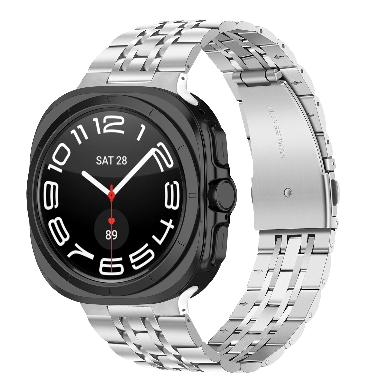 Uno smartwatch argentato con quadrante nero. Anche il cinturino è argentato.