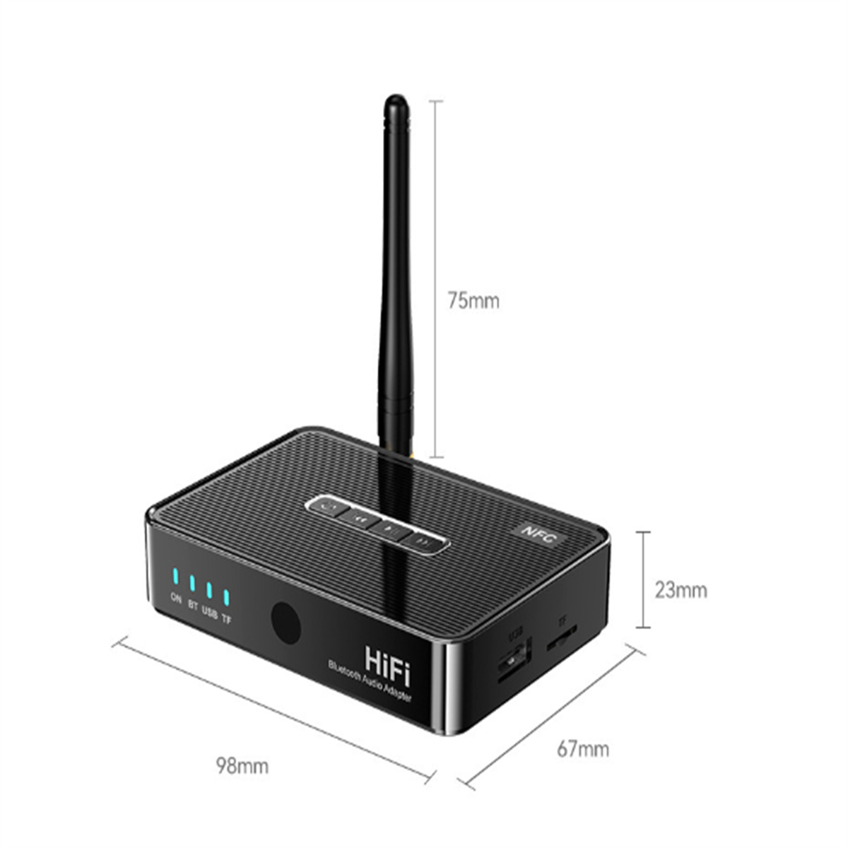 Schwarzer HiFi Bluetooth Audio-Adapter mit Antenne und Abmessungen von 98x67x23mm.