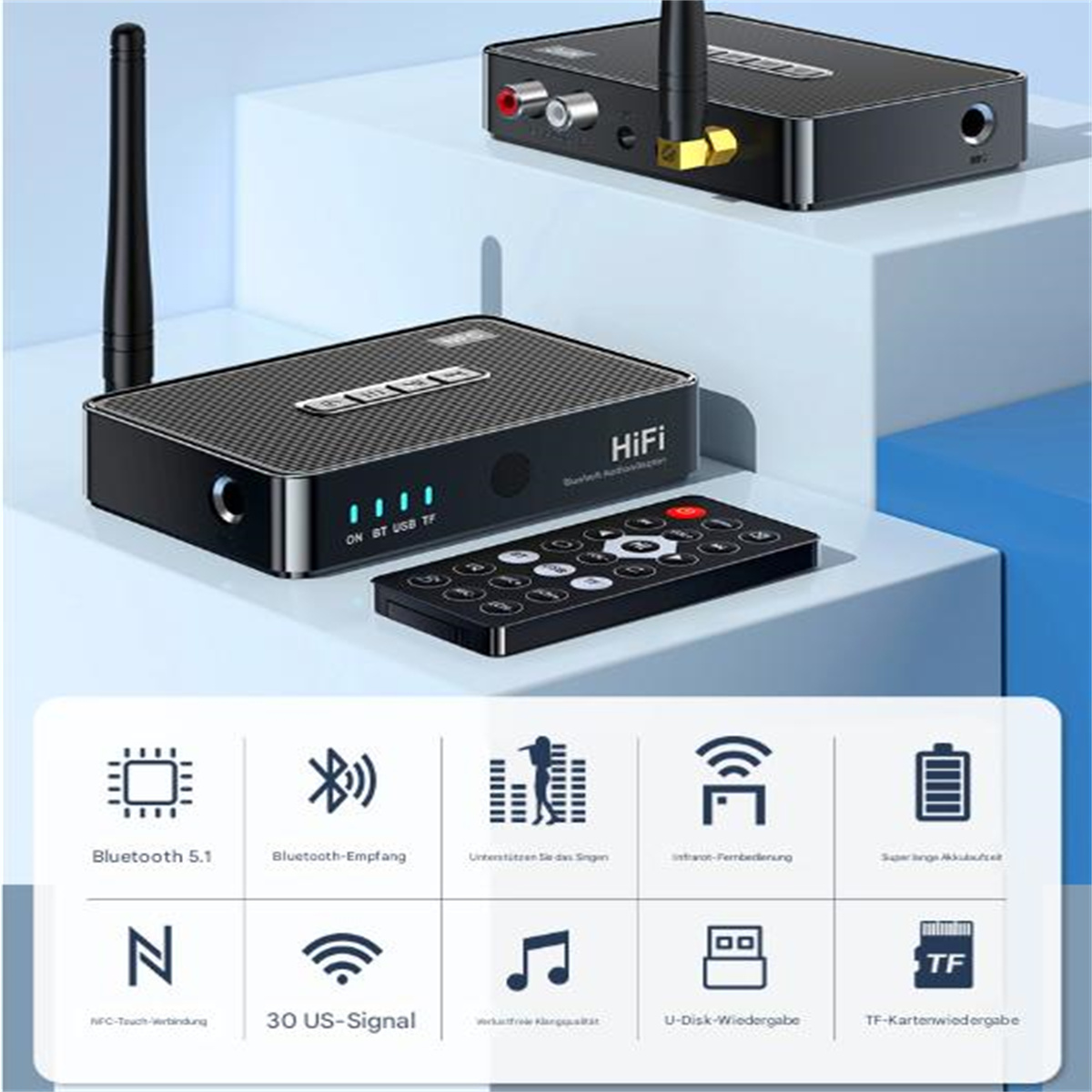 Ein schwarzer HiFi-Audio-Empfänger mit Antennen, einer Fernbedienung und Symbolen, die Bluetooth und andere Funktionen anzeigen.