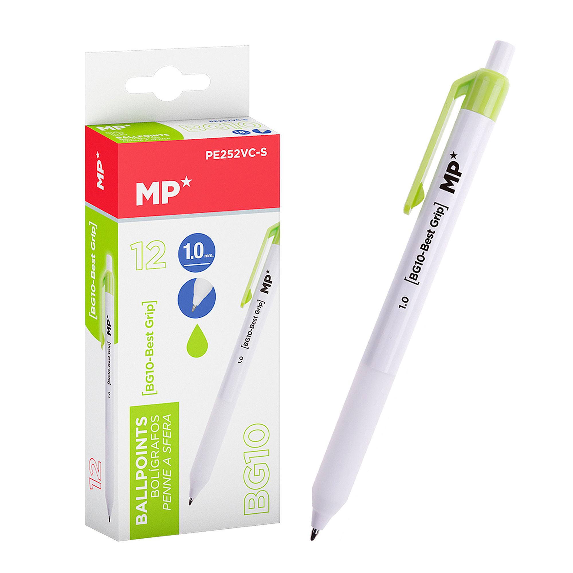 Verpackter weißer Stift mit grünen Akzenten. Stift neben der Box. Weißer Hintergrund. Text auf Spanisch.