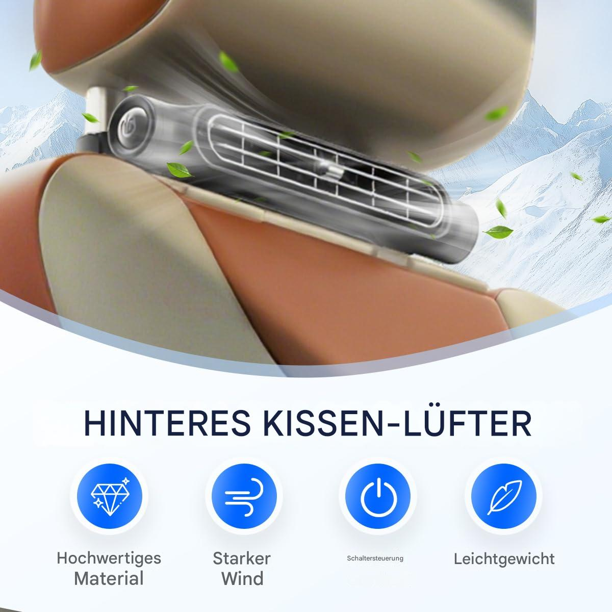 Ein Luftreiniger an einer Kopfstütze befestigt. Grafiken zeigen Funktionen wie starker Wind und leichtes Gewicht.