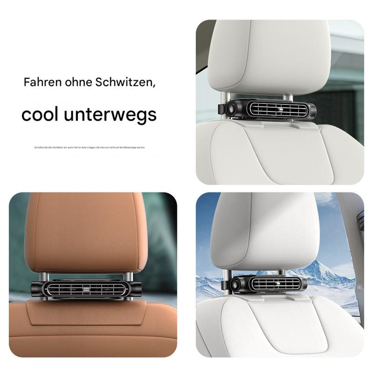 Bilder, die Luftreiniger zeigen, die an Kopfstützen in verschiedenen Autositzen befestigt sind.