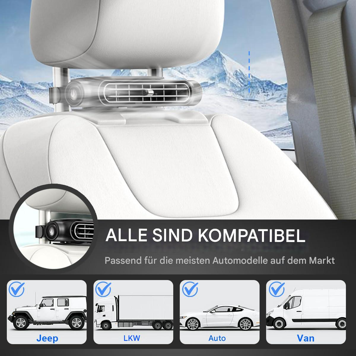 Ein Autositz mit einem kleinen Luftreiniger. Zeigt die Kompatibilität mit verschiedenen Autotypen.
