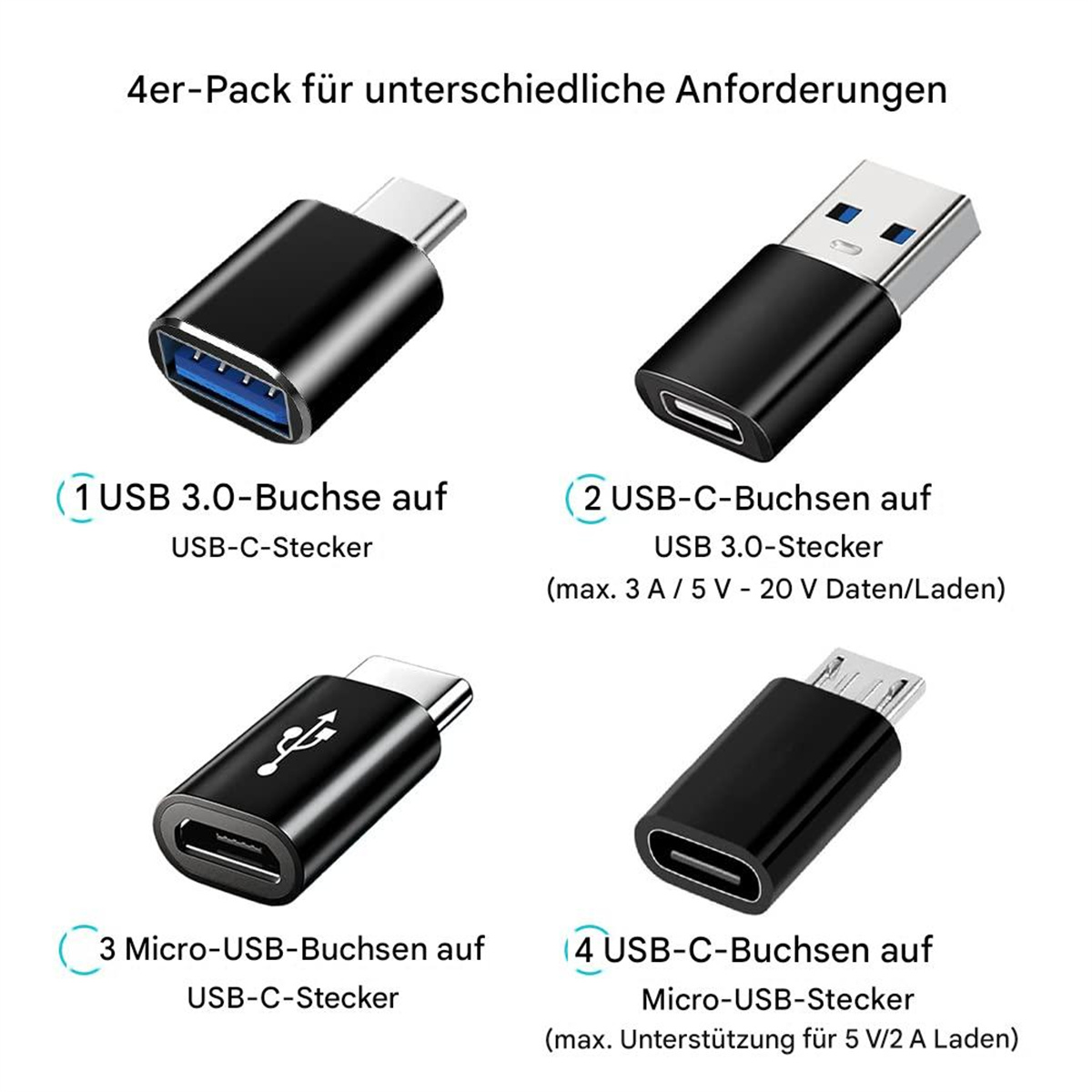 Vier schwarze USB-Adapter: USB-C zu USB 3.0, USB-C zu USB-C, Micro-USB zu USB-C und USB-C zu Micro-USB.
