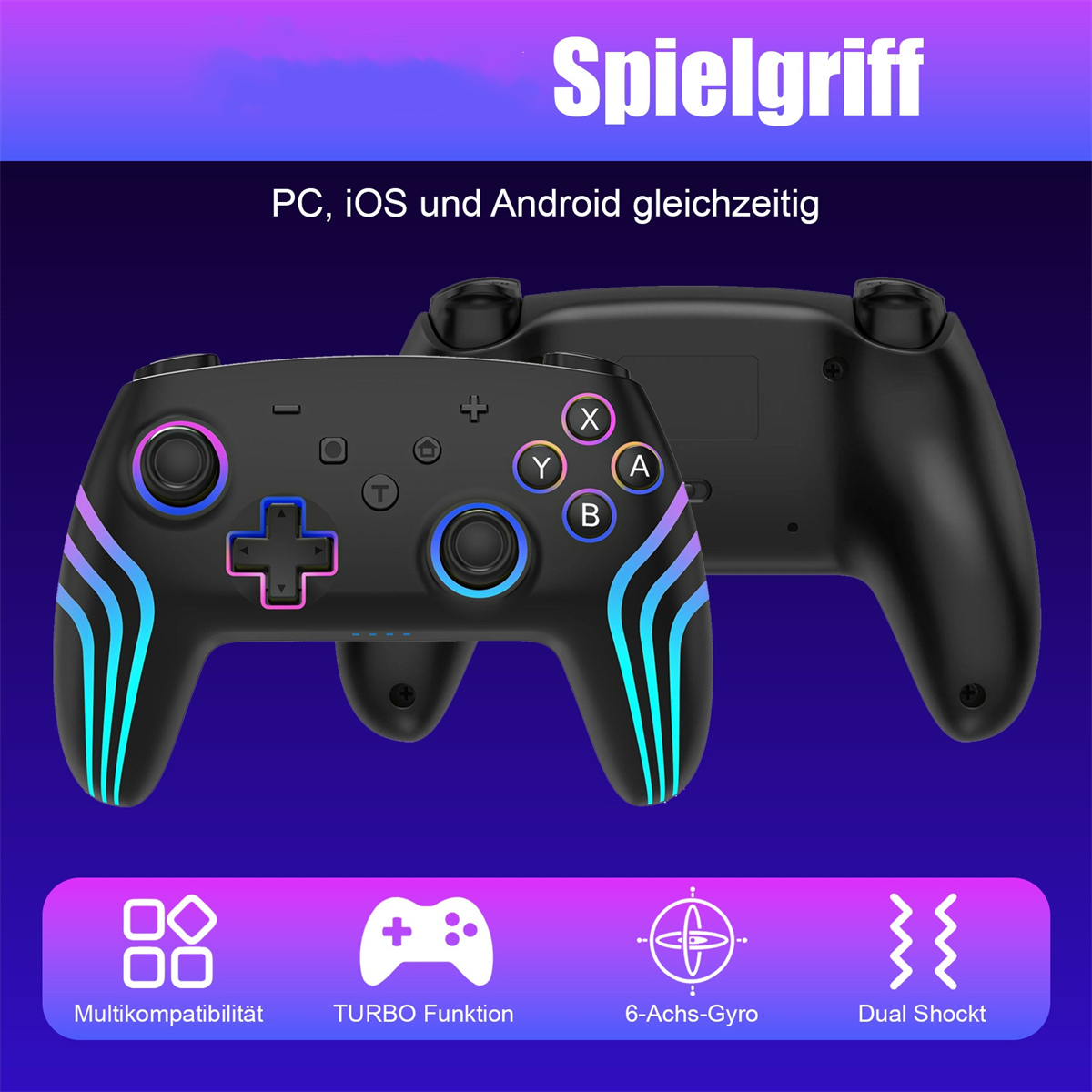 Zwei schwarze Gamecontroller mit farbigen Knöpfen und Beleuchtung, mit Symbolen für Funktionen wie Turbo und Dual Shock.