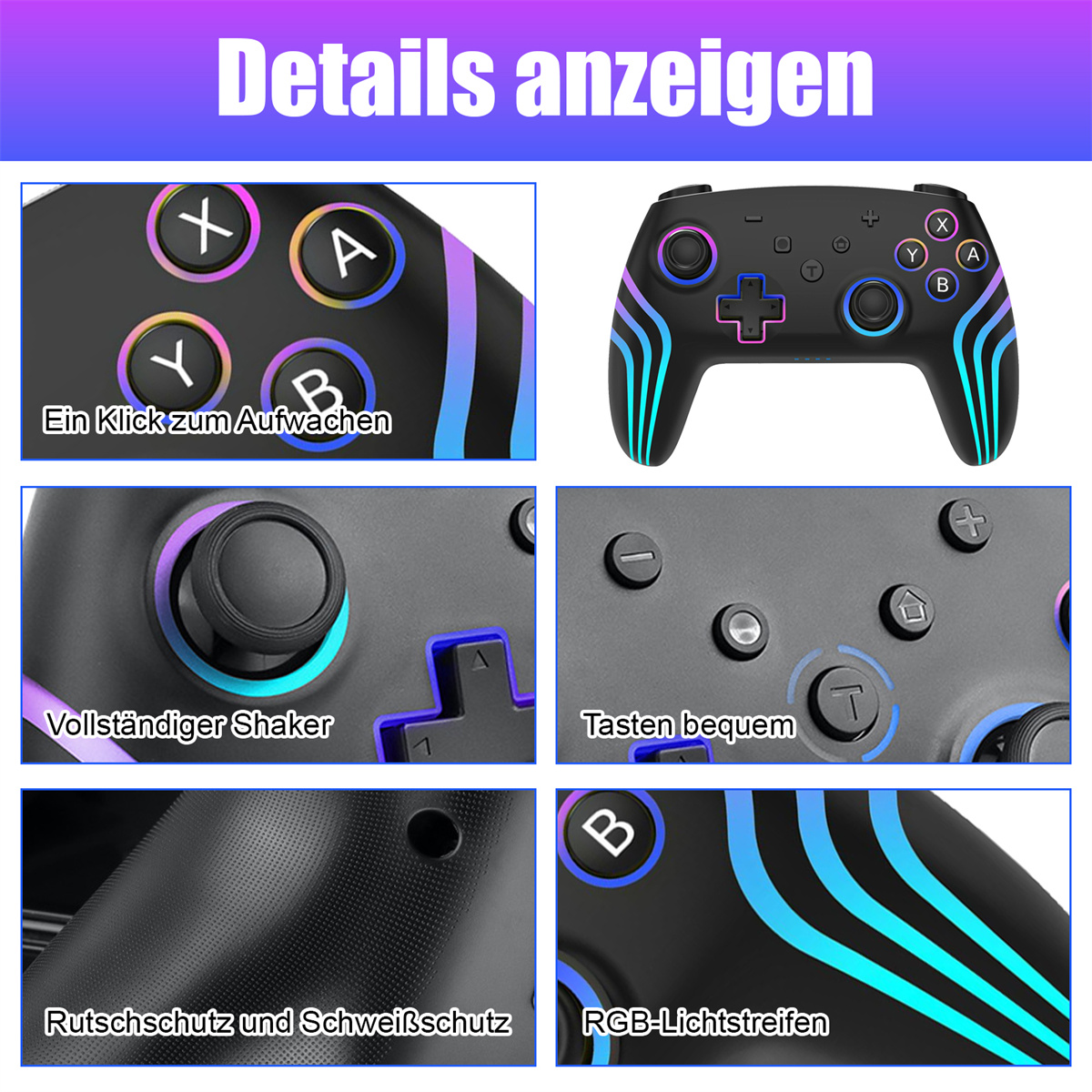 Nahaufnahmen eines schwarzen Gamecontrollers, die Tasten, Joysticks und einen strukturierten Griff zeigen.