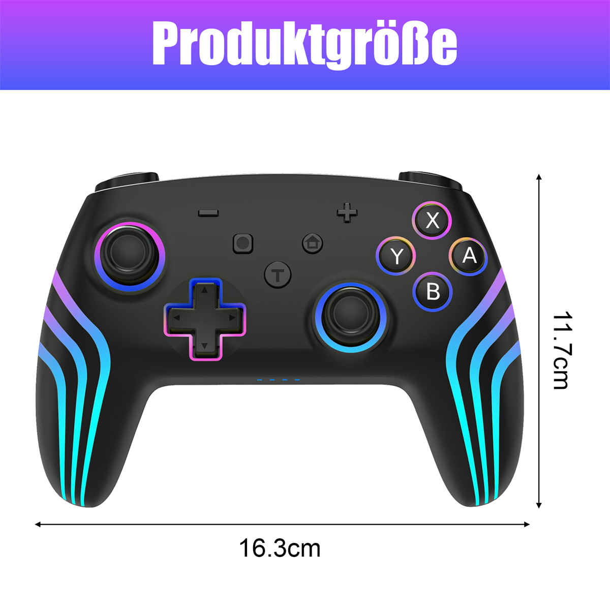 Schwarzer Gamecontroller mit bunten Streifen, Knöpfen und Steuerkreuz. Maße 16,3x11,7cm.