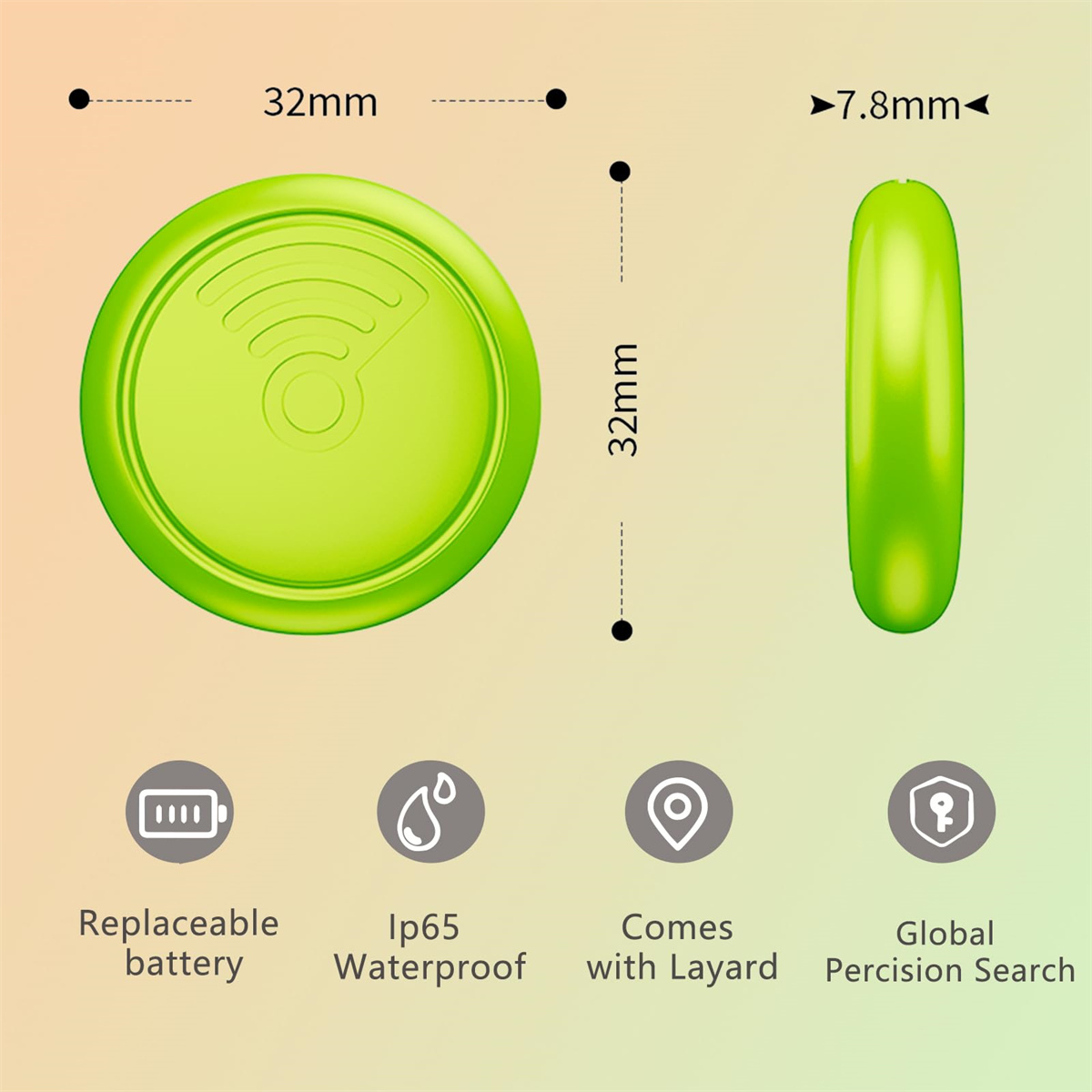 Grüner runder Smart-Tracker mit Messungen und Symbolen. Weißer Hintergrund.