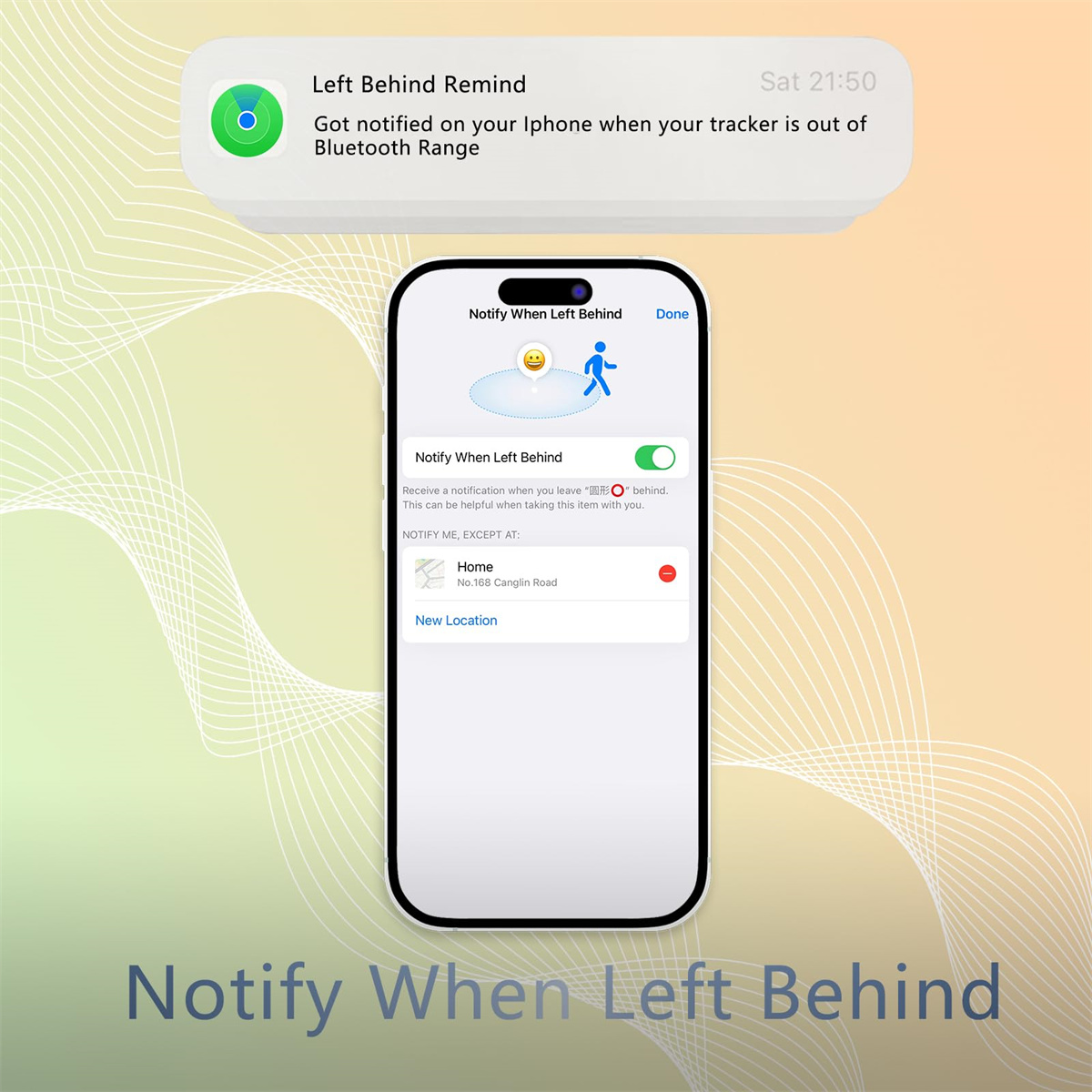 Ein Telefonbildschirm zeigt eine Benachrichtigung für einen Tracker, der einen Standort verlässt. Ein Tracker-Symbol und Text sind sichtbar.
