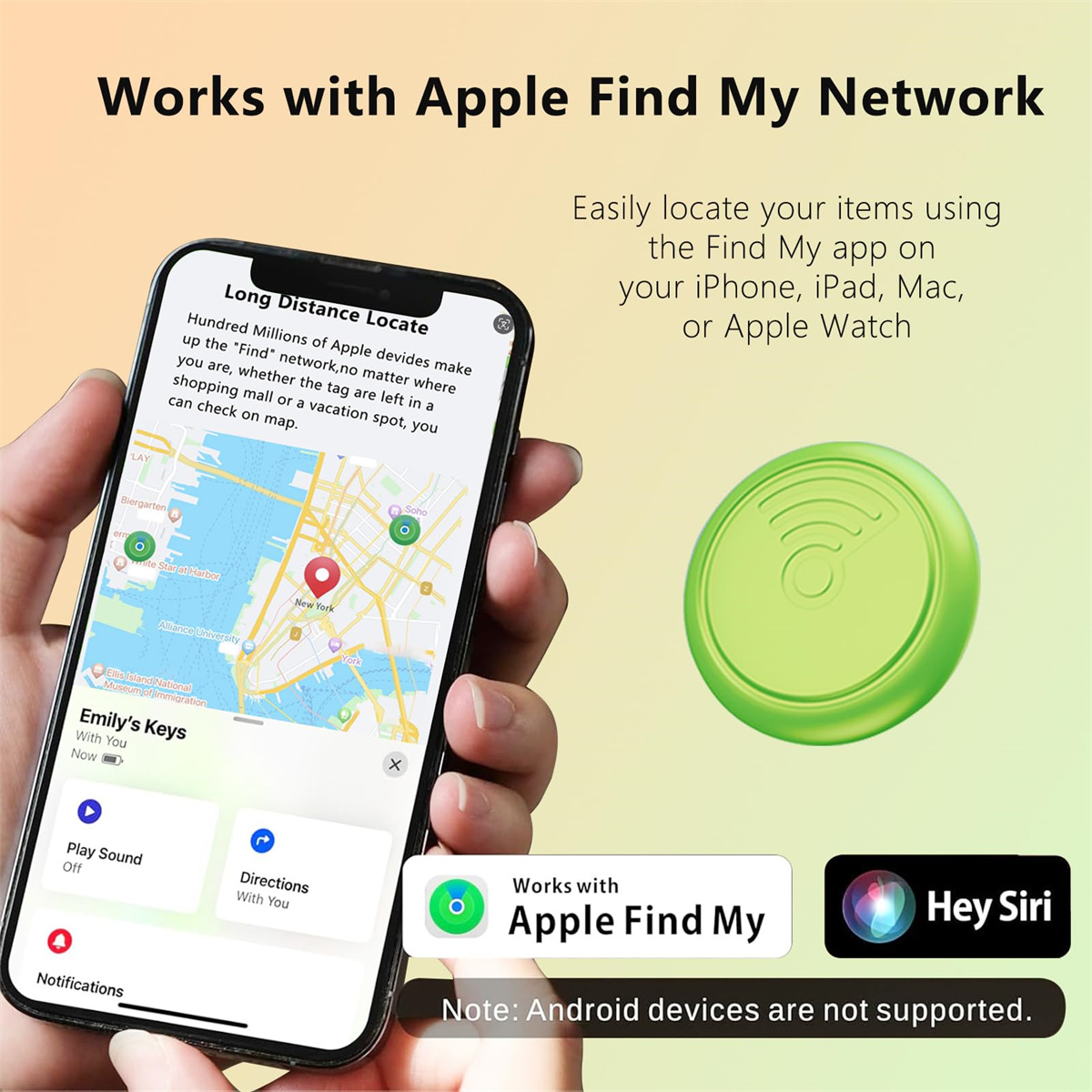 Eine Person hält ein Telefon mit einer Karte. Daneben ist ein grüner Tracker. Der Text besagt, dass es mit Apple Find My funktioniert.