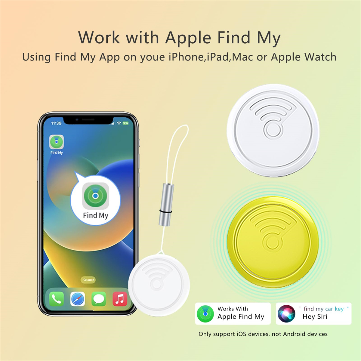 Das Bild zeigt ein Telefon mit der Find My App, einen weißen Tracker mit Lanyard und zwei kreisförmige Tracker.