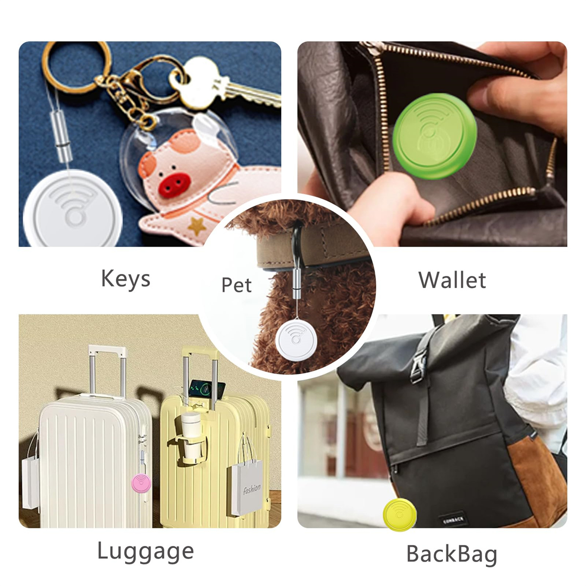 Mehrere Bilder zeigen Tracker, die an Schlüsseln, einem Haustierhalsband, einer Geldbörse, Gepäck und einem Rucksack befestigt sind.