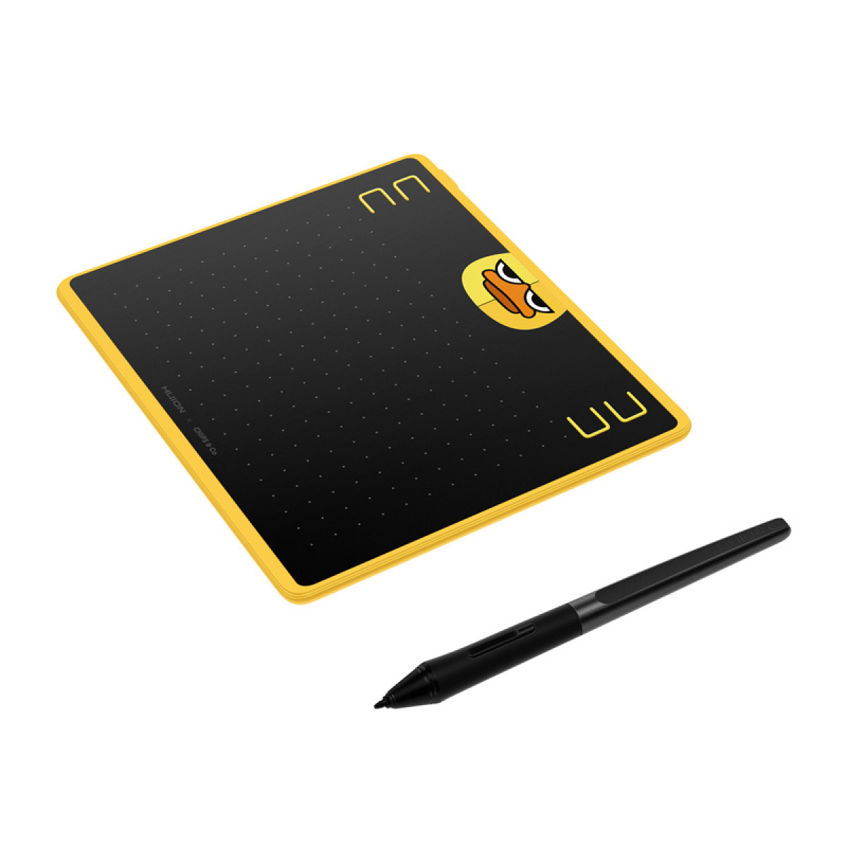 Żółto-czarny tablet do rysowania z logo kaczki. Obok znajduje się czarny długopis.