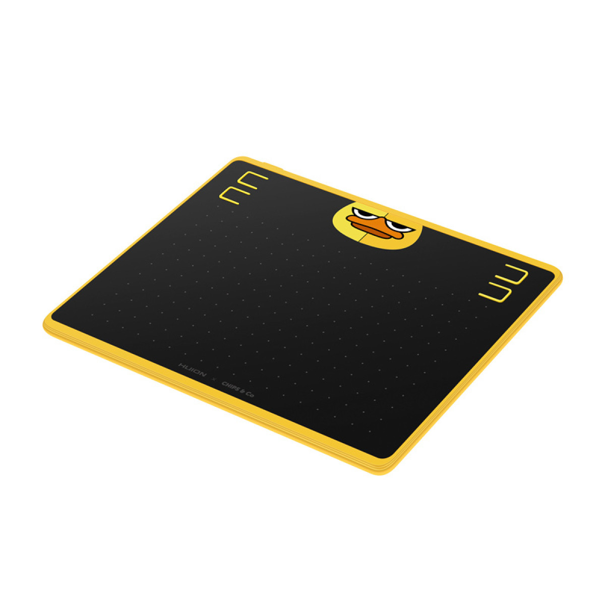 Żółty tablet do rysowania z kaczą twarzą leży na białej powierzchni.