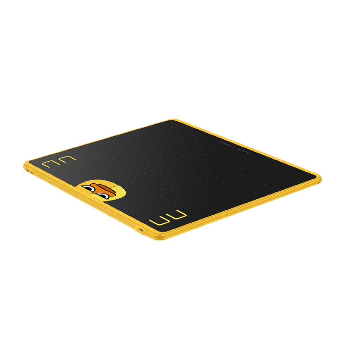 Żółto-czarny tablet do rysowania z logo kaczki. Tablet jest lekko pochylony.