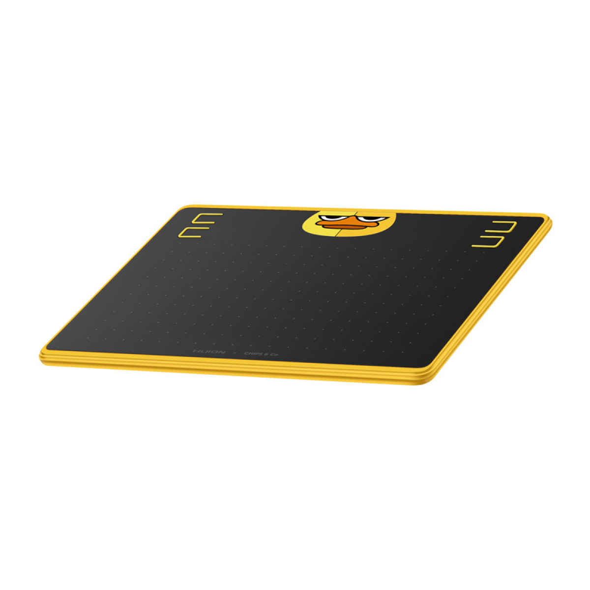 Żółto-czarny tablet do rysowania z logo kaczki jest pokazany pod lekkim kątem.