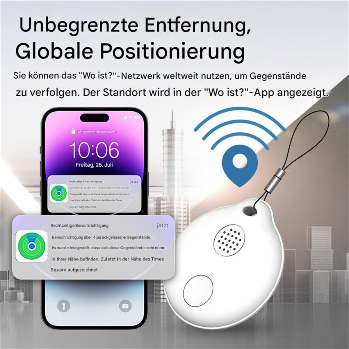 Ein weißes Ortungsgerät mit schwarzem Band auf einem Hintergrund mit Telefon und Text.