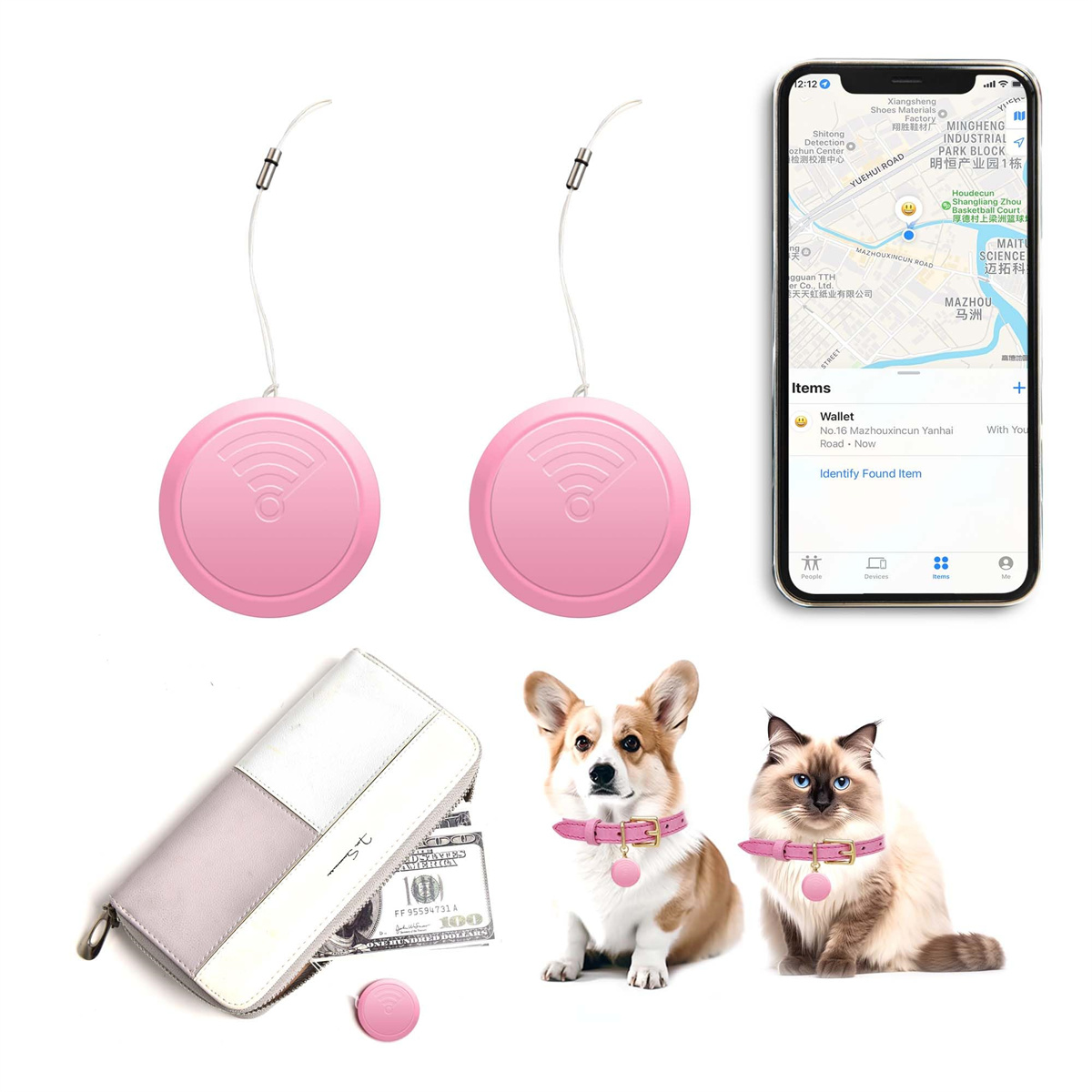Zwei rosa Ortungsgeräte, eine Geldbörse, Geld, ein Hund und eine Katze mit einem Telefon, das eine Karte zeigt.