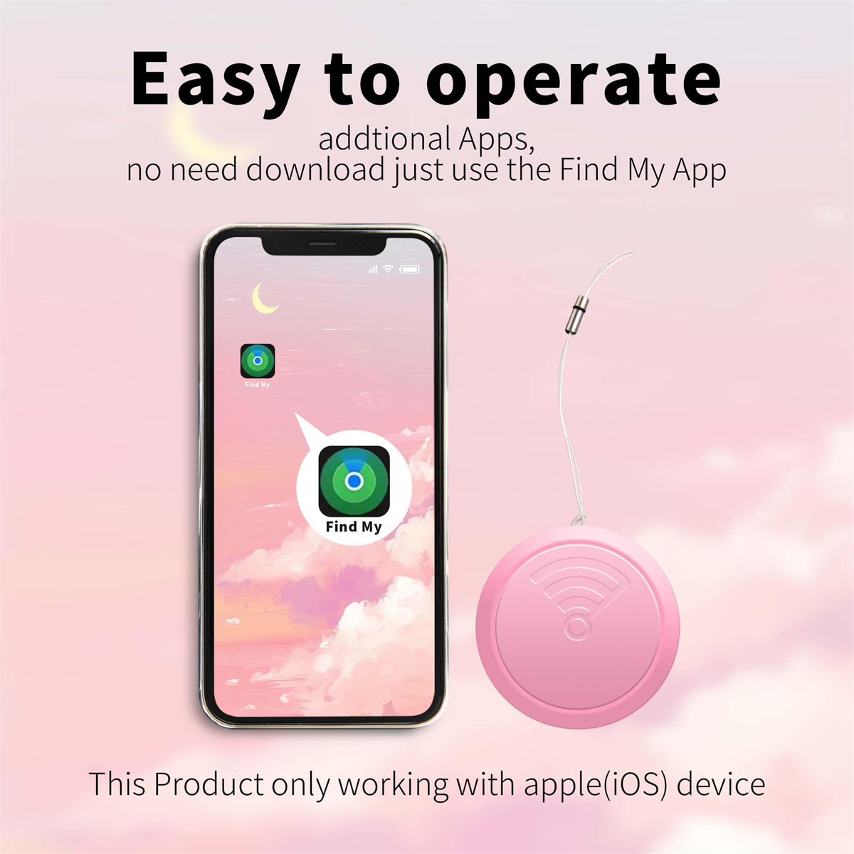 Ein Telefon zeigt die App "Wo ist?" mit einem rosa Ortungsgerät auf rosa Hintergrund.