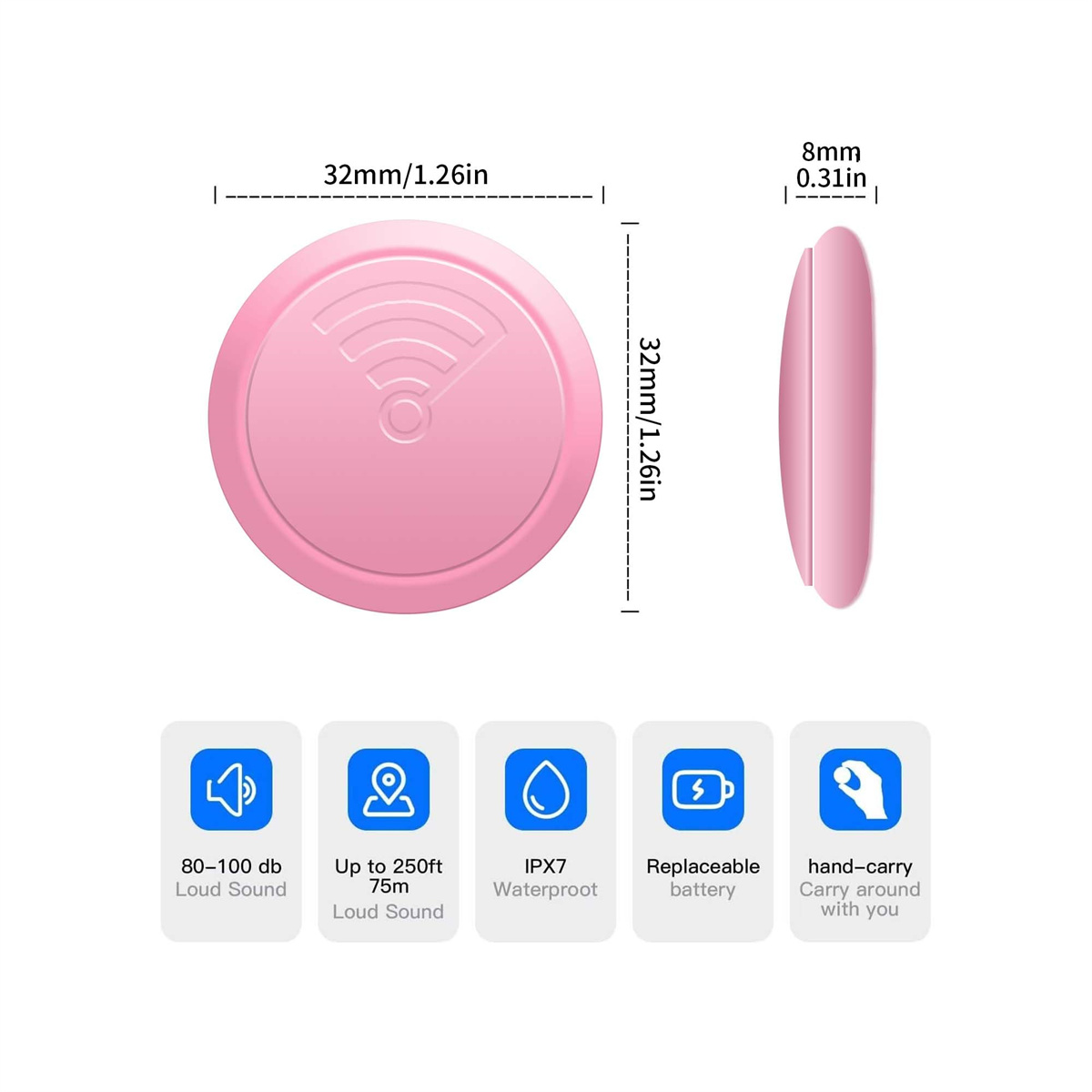Ein rosa kreisförmiger Gegenstands-Tracker mit Abmessungen und Funktionssymbolen.