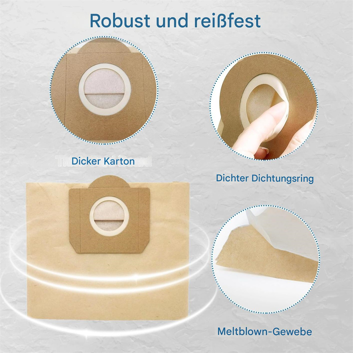 Nahaufnahme von Staubsaugerbeutel-Elementen. Enthält dickeren Karton, engeren Dichtungsring und Meltblown-Gewebe.