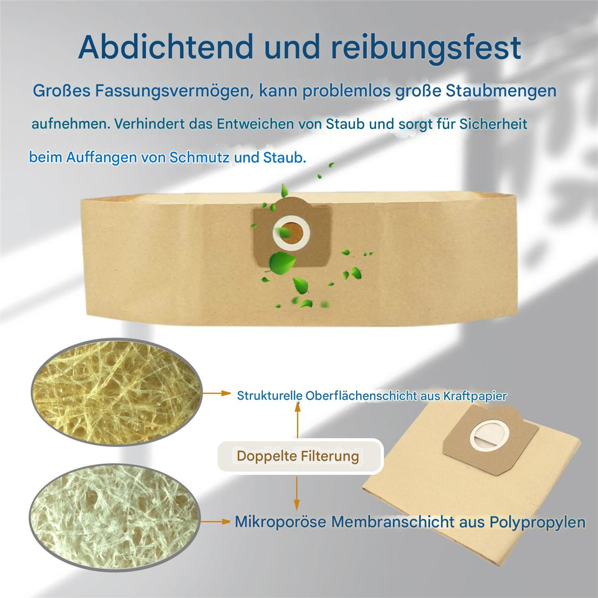 Diagramm eines Staubsaugerbeutels. Es zeigt die Papierschicht, den Doppelfilter und die Polypropylenschicht.