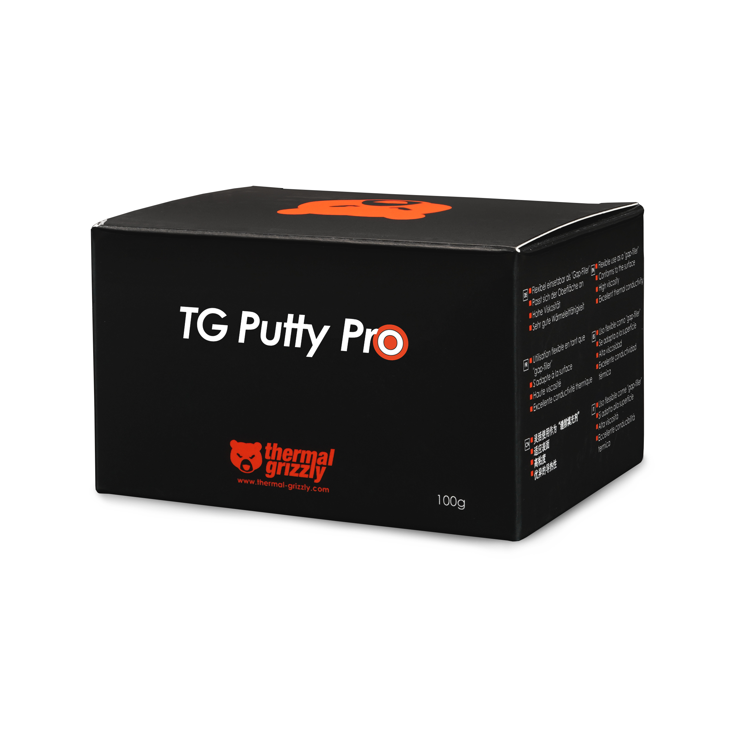Eine schwarze Box mit TG Putty Pro Wärmeleitpaste von Thermal Grizzly mit rotem Logo. Auf der Box steht auch 100g.