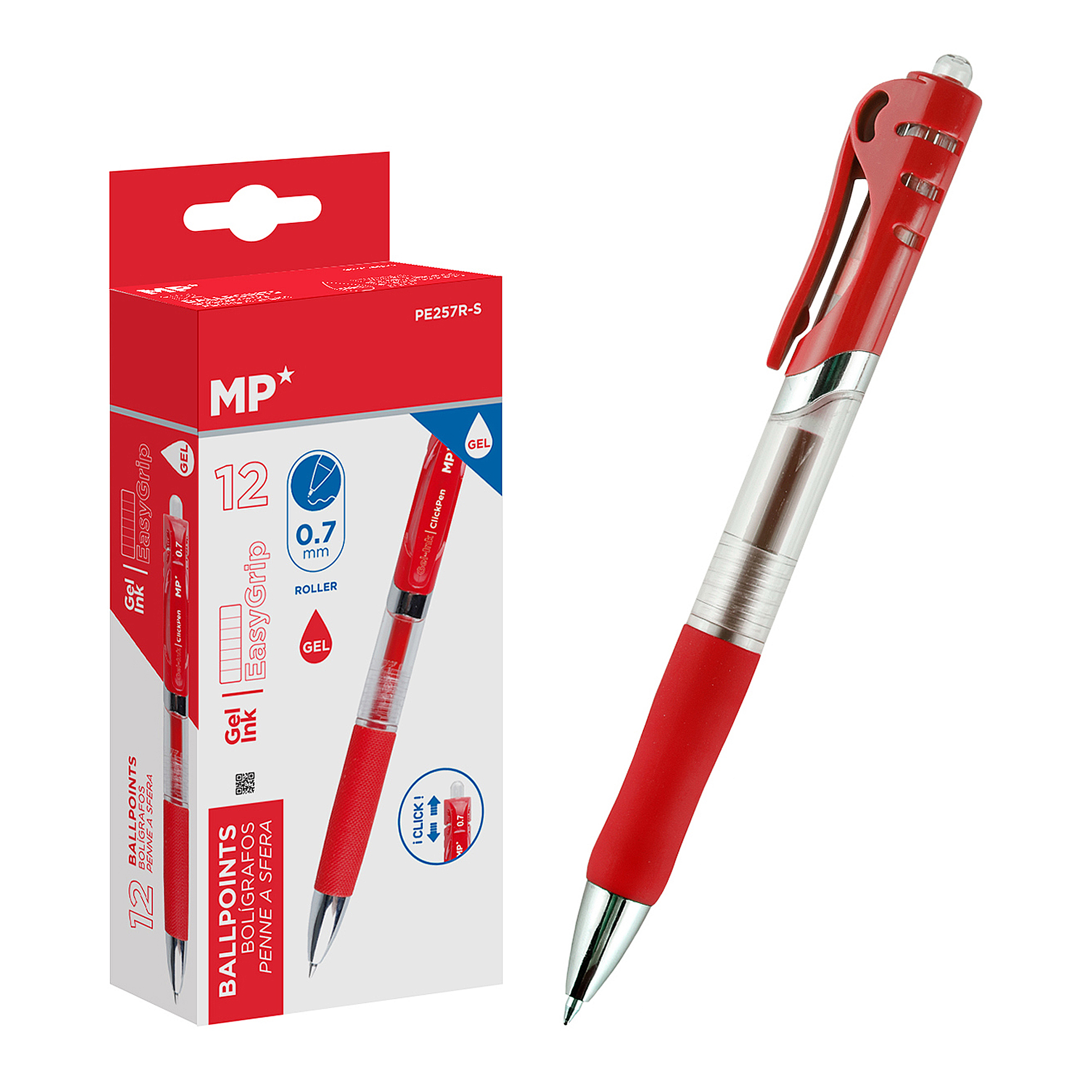 Una penna a gel rossa con una scatola. La scatola ha i dettagli della penna e un'immagine.