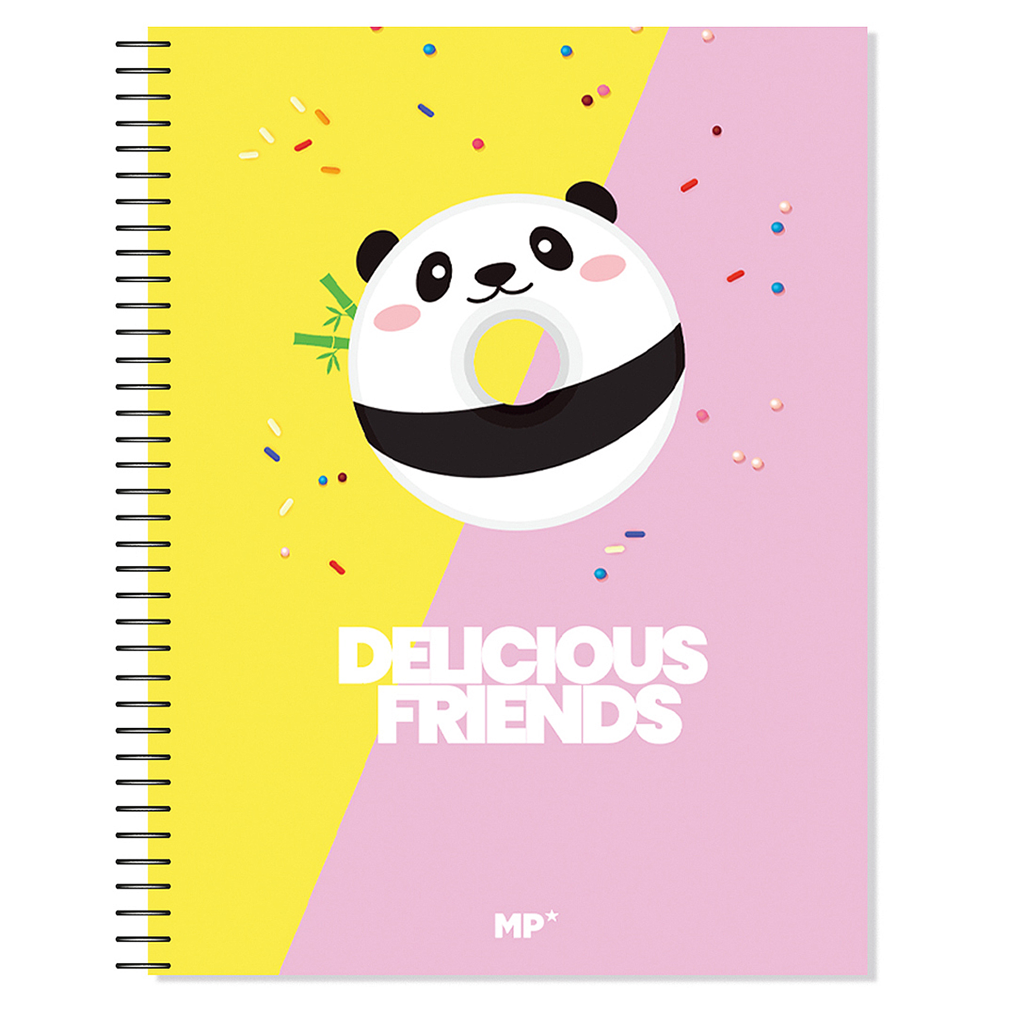 Ein Spiralnotizbuch mit einem Panda-Donut auf gelbem und rosa Hintergrund, Text lautet 'Delicious Friends'.
