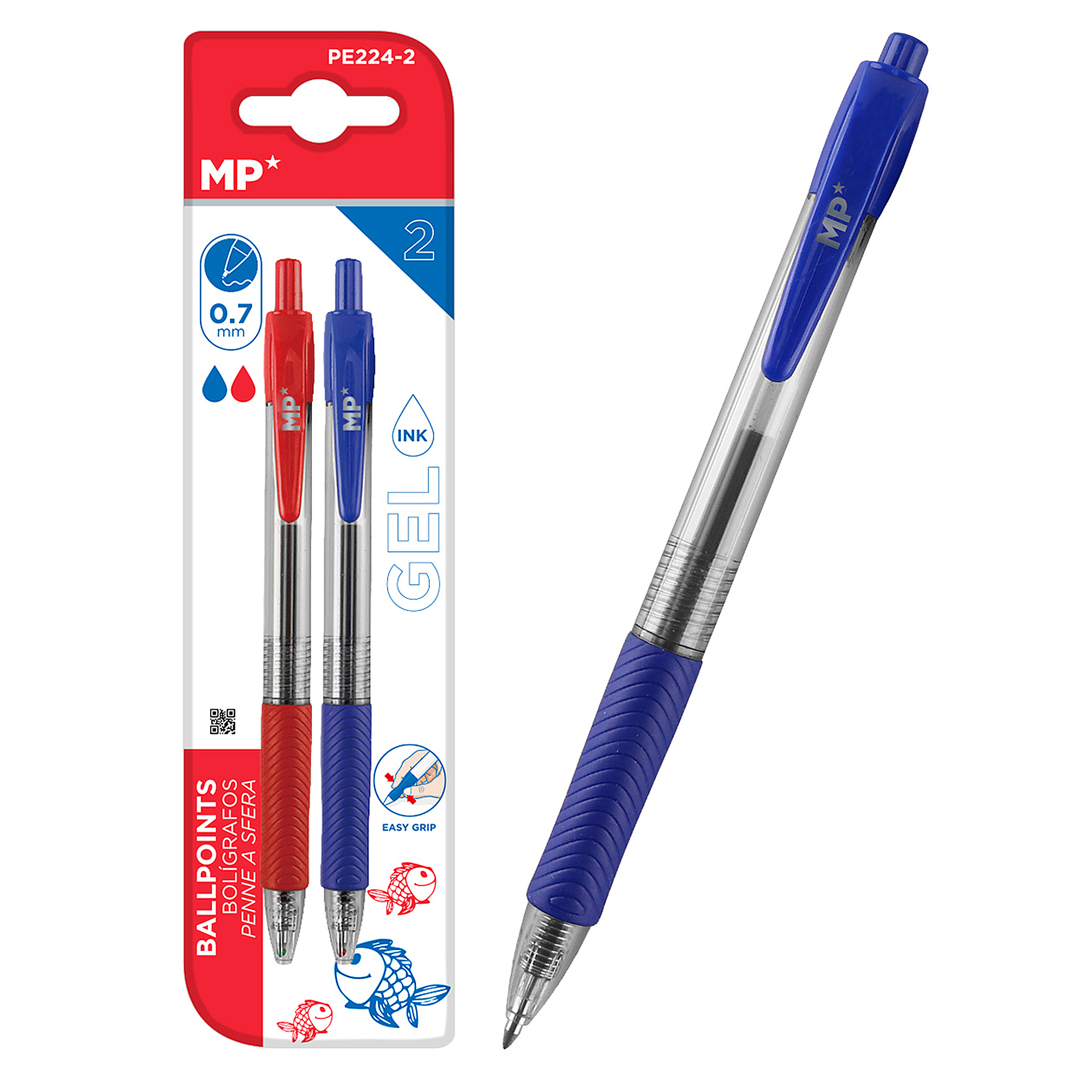 Bolígrafo de gel azul con embalaje. El embalaje muestra dos bolígrafos, rojo y azul, y dibujos.