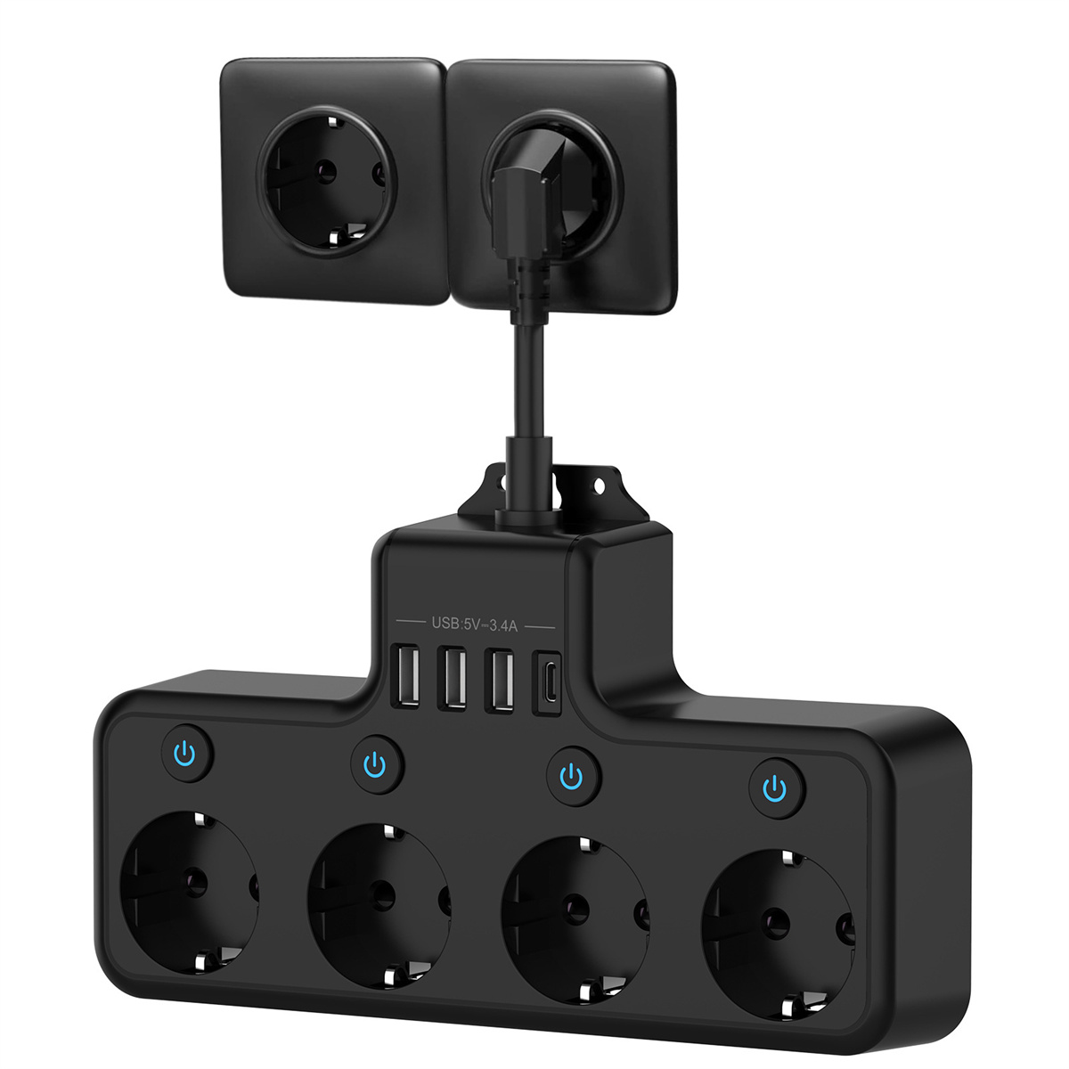 Eine schwarze Steckdosenleiste mit mehreren Steckdosen und USB-Anschlüssen. Der Einschalter leuchtet.