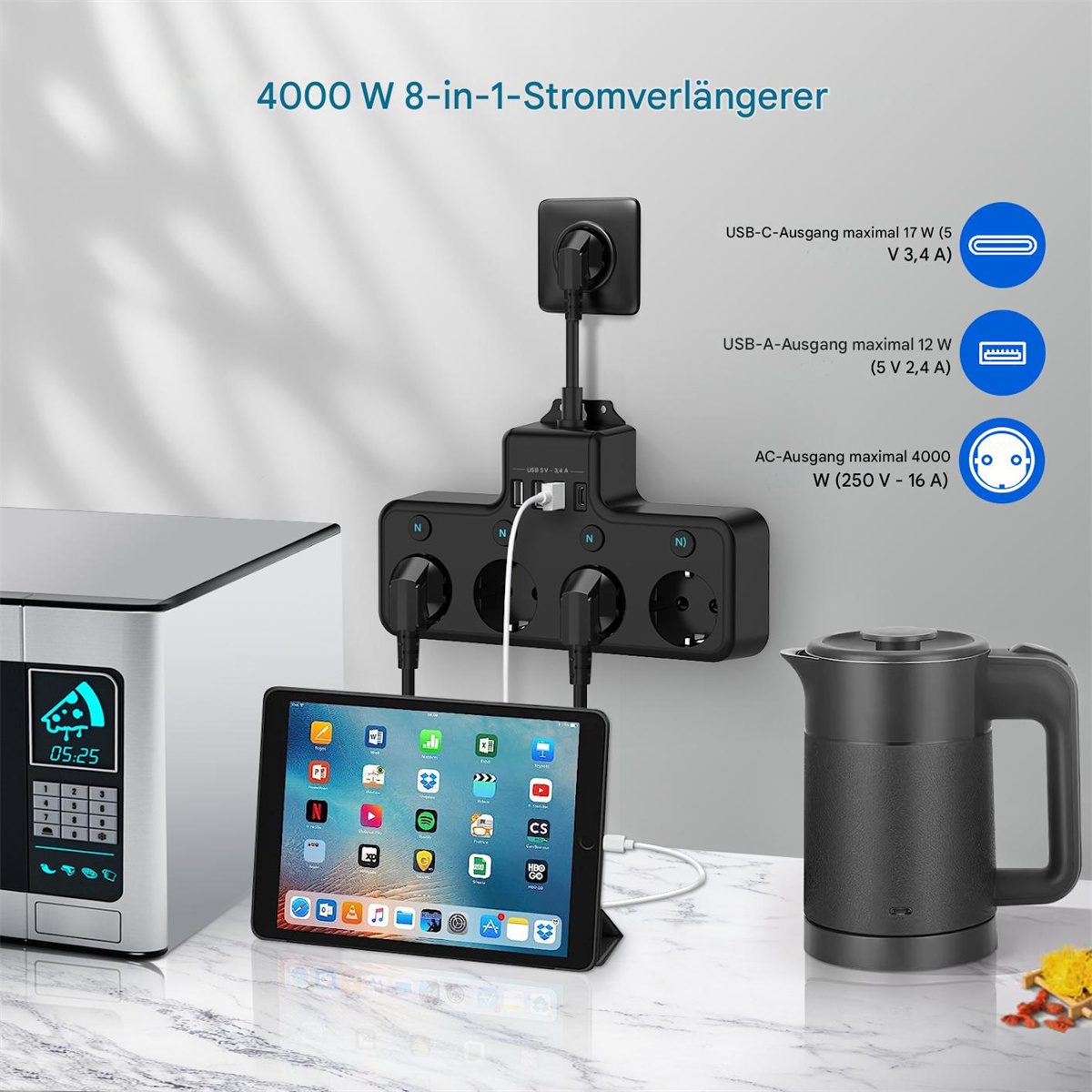 8-in-1-Steckdosenleiste mit Tablet, Wasserkocher und Mikrowelle. Leiste mit Steckdosen und USB-Anschlüssen.