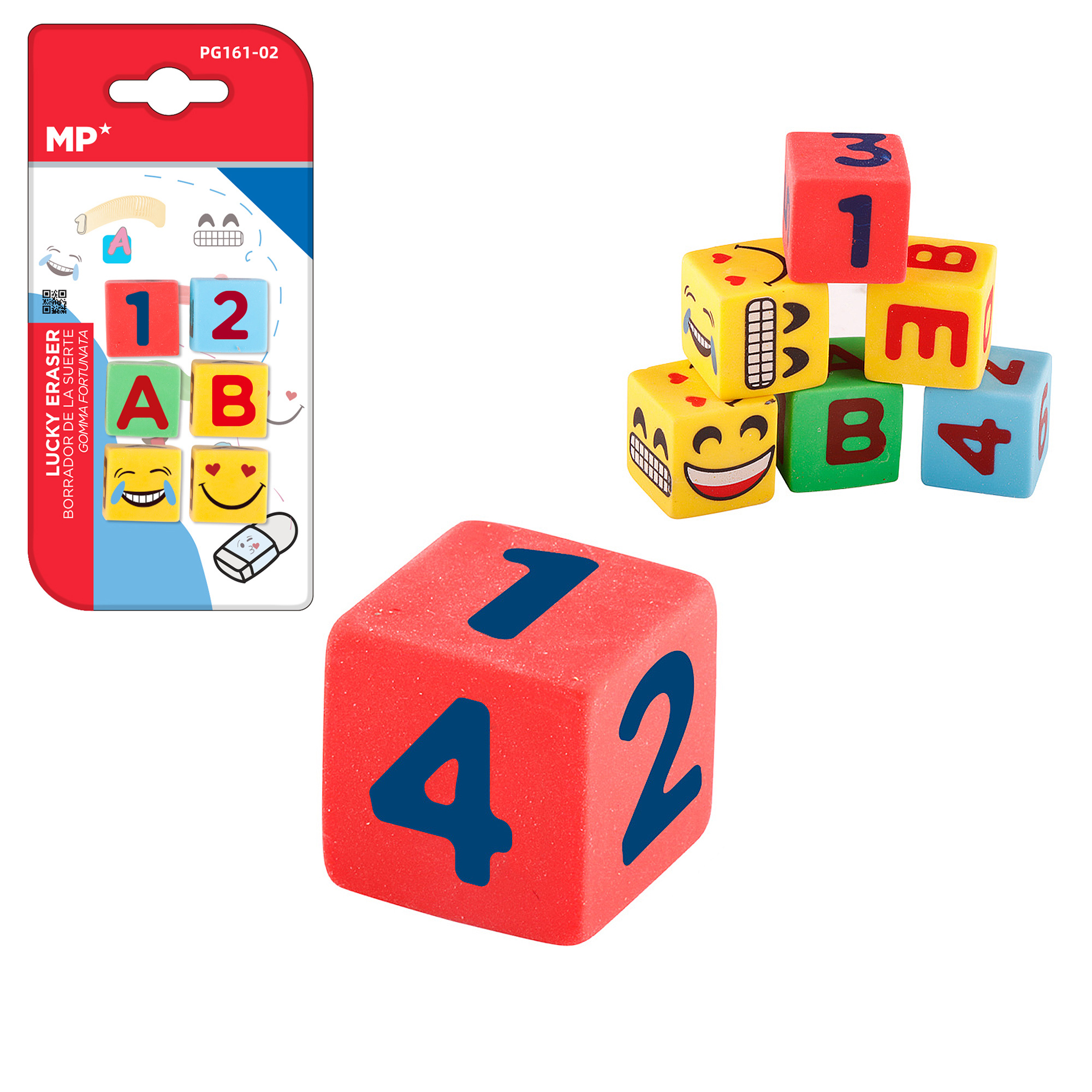 Cubetti rossi e colorati con numeri ed emoji, e un pacco di gomme.