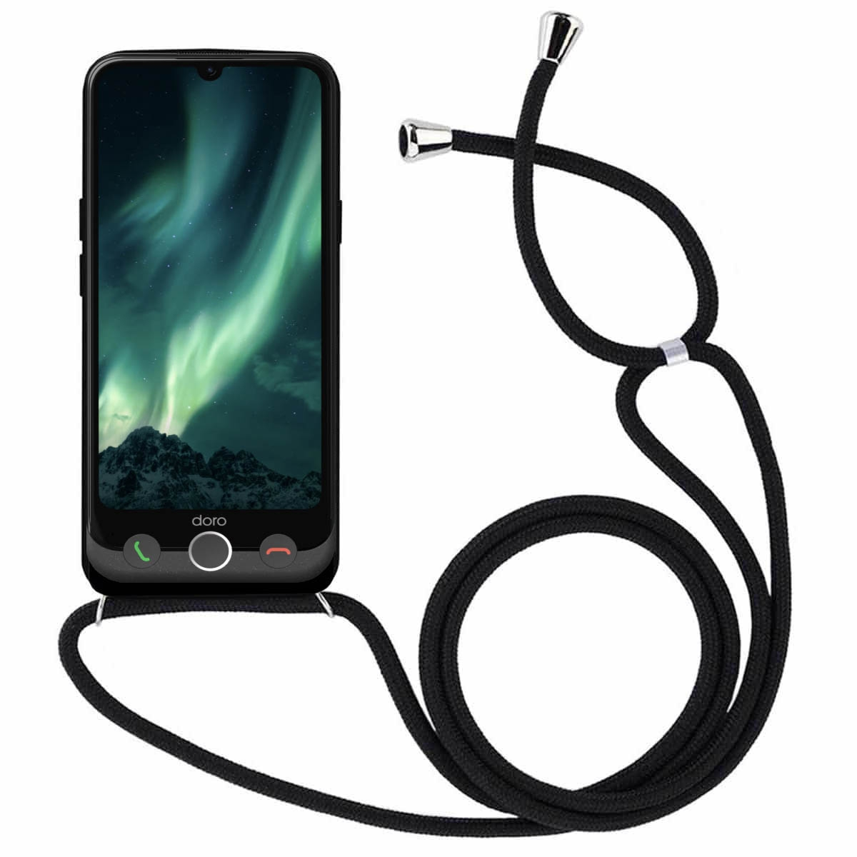 Ein Smartphone mit schwarzem Gurt und einer Handyhülle.