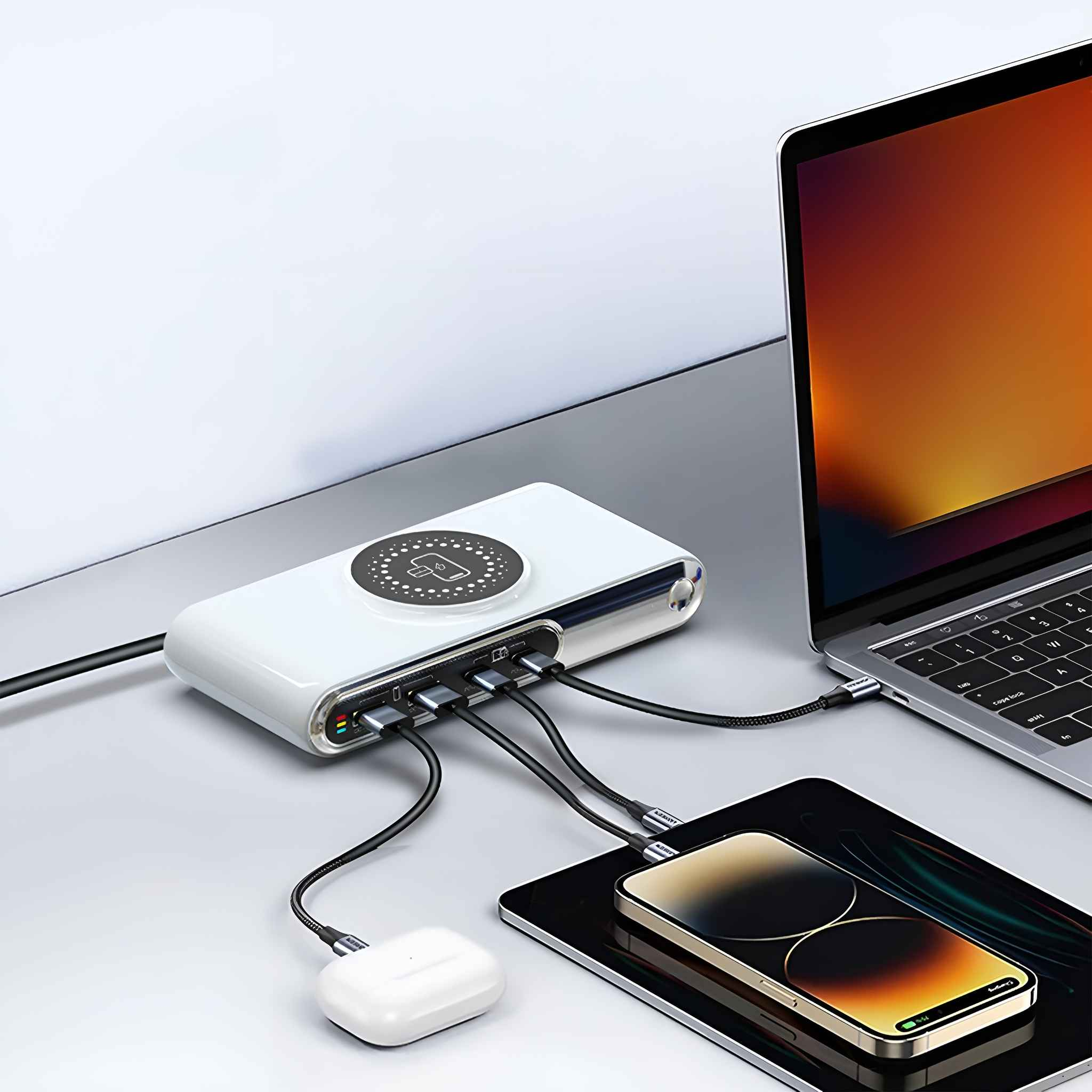 Ein weißes Ladepad mit einem Laptop, einem Tablet, einem Telefon und Zubehör, das daran angeschlossen ist.