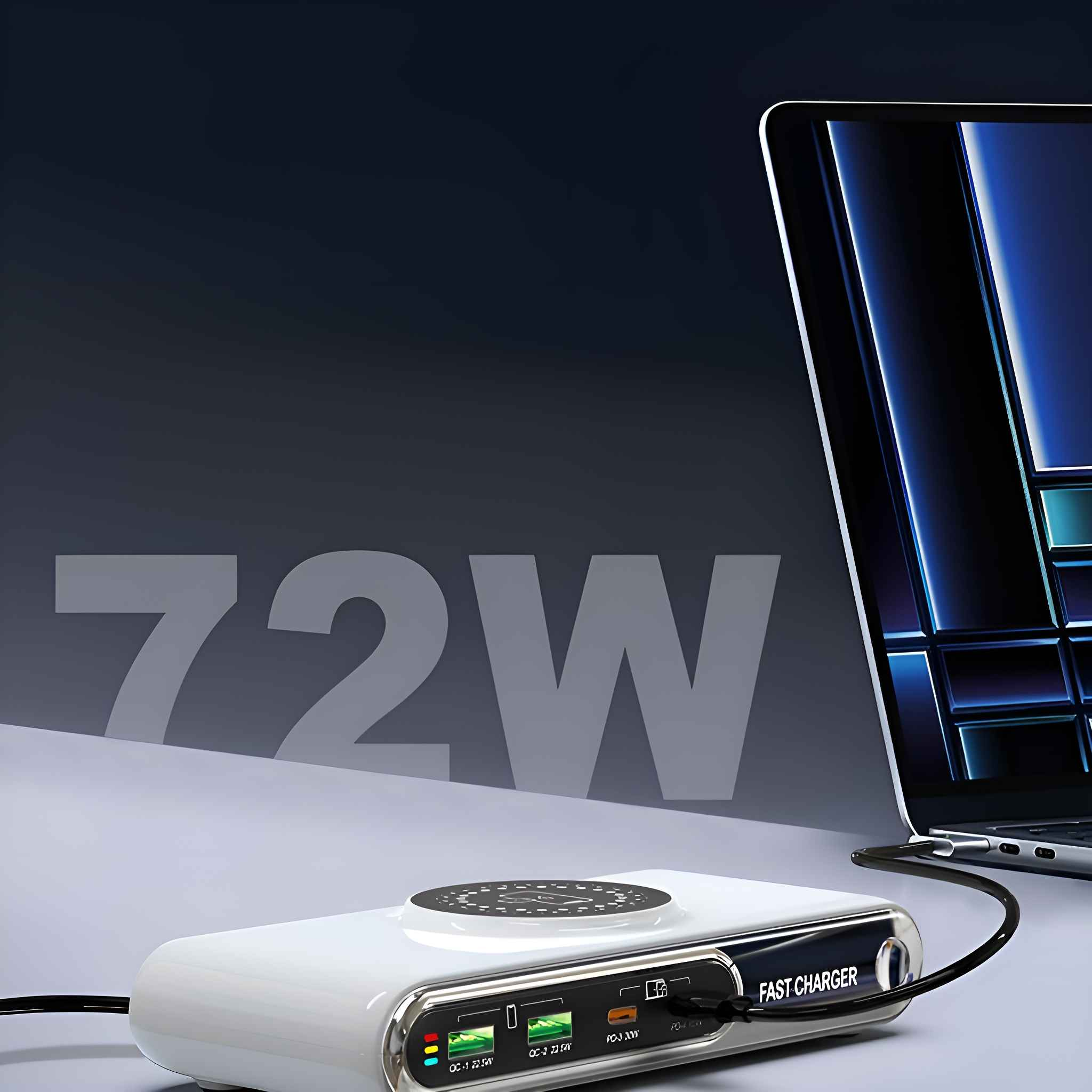 Ein Ladepad mit einem Laptop und einer Beschreibung des Schnellladens mit 72 W.