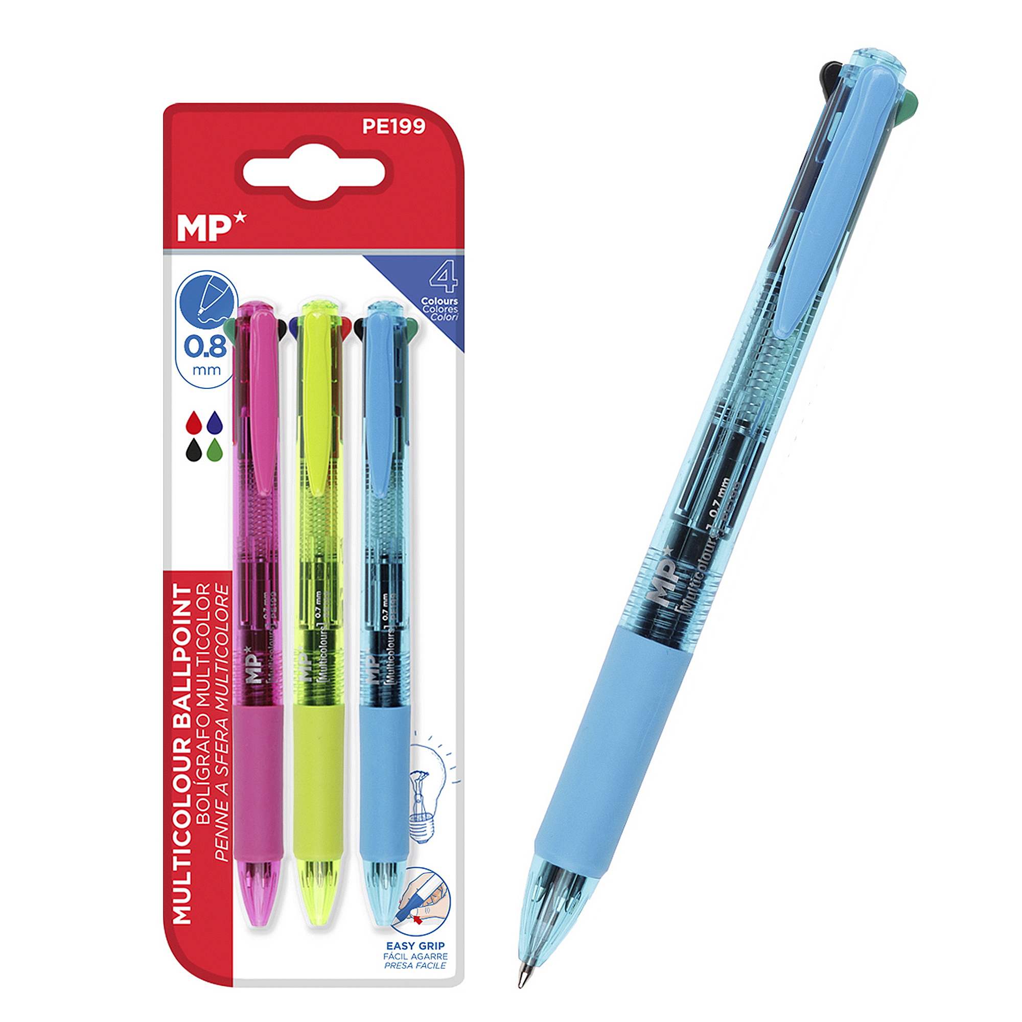 Ein Mehrfarben-Stift mit hellblauem Gehäuse, vier verschiedenen Tintenfarben und passender Verpackung.