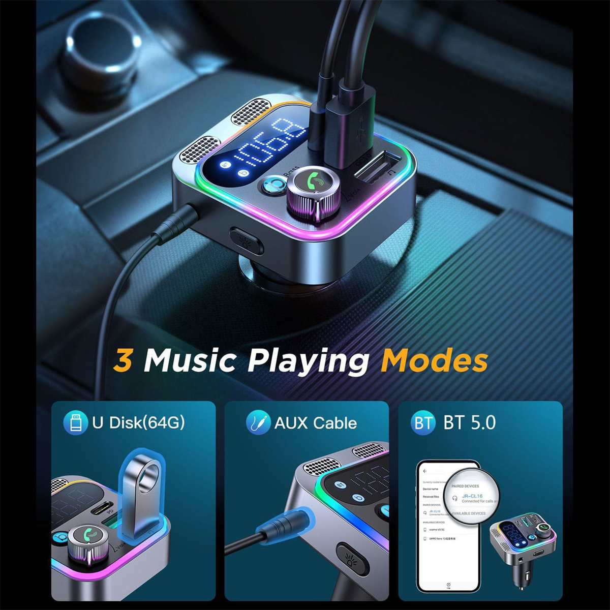 Autoladegerät mit Digitalanzeige und mehreren USB-Anschlüssen, mit drei Musikwiedergabemodi: U-Disk, AUX-Kabel und BT 5.0.