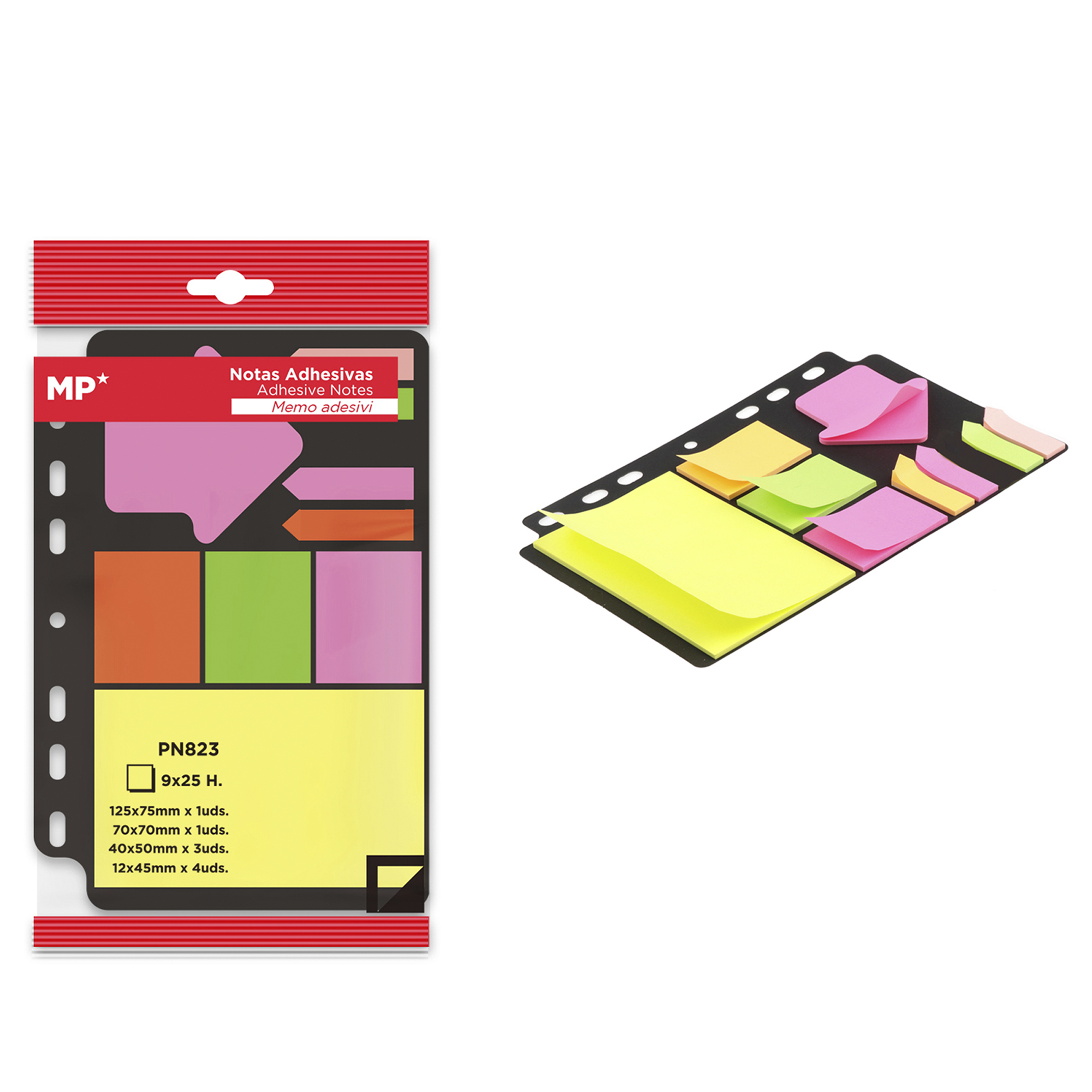 Haftnotizen-Set in Verpackung, verschiedene Neonfarben, mit Produktdetails und Branding.