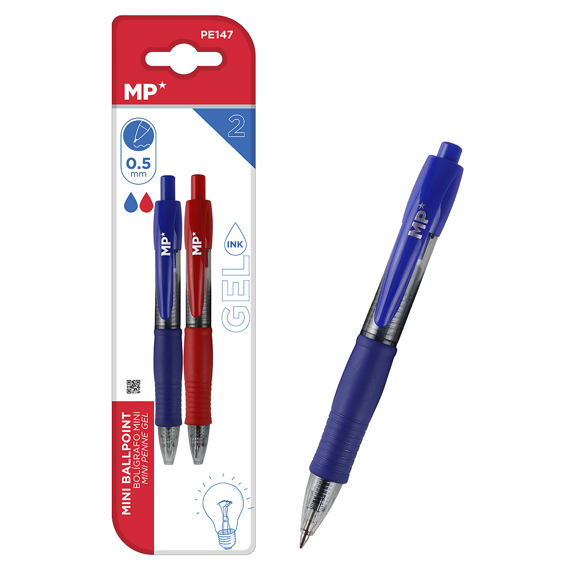 Eine Packung mit zwei Gelstiften, blau und rot, mit Branding und einem Glühbirnen-Symbol.
