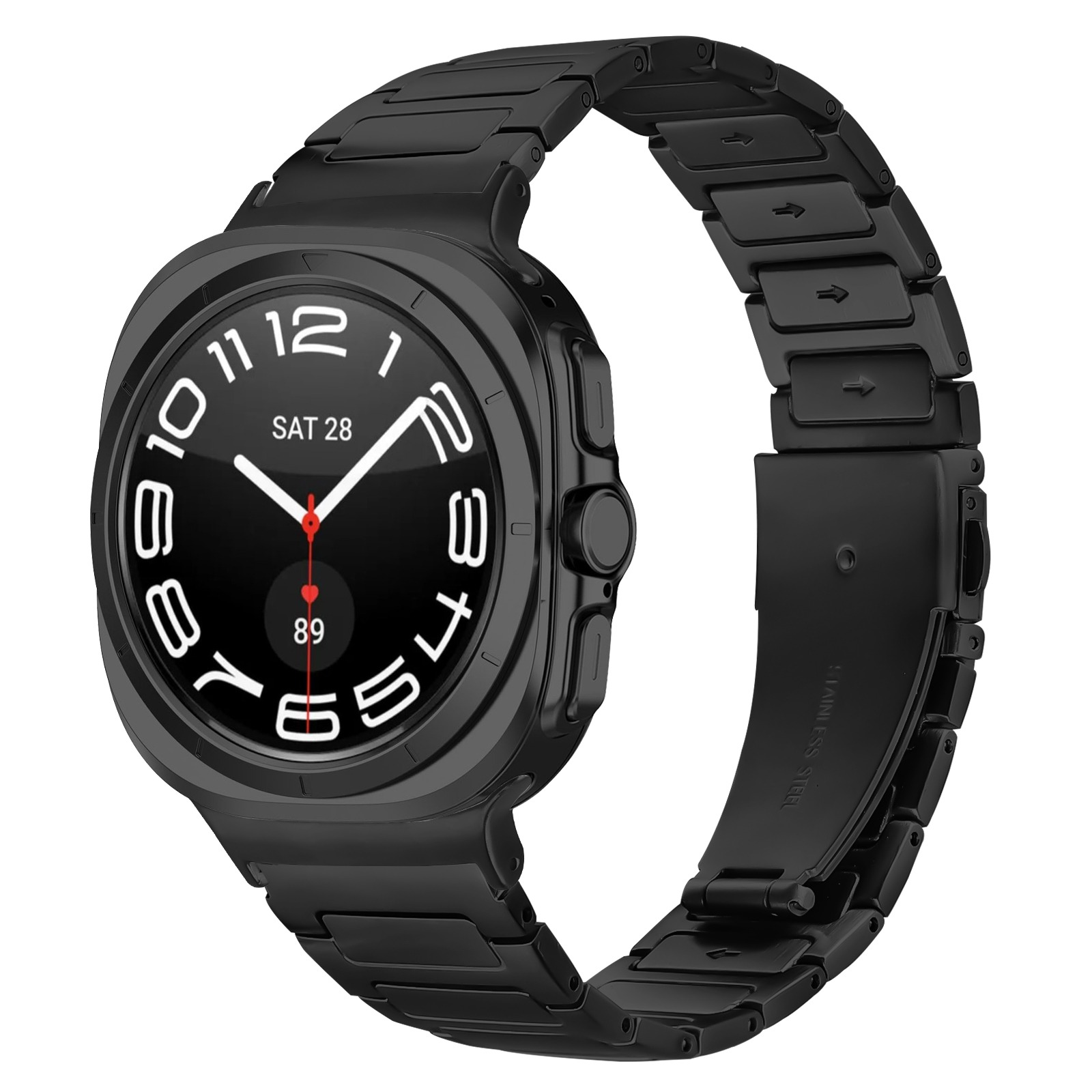 Schwarze Smartwatch mit rundem Zifferblatt, das Uhrzeit und Datum anzeigt. Metallband ist befestigt.