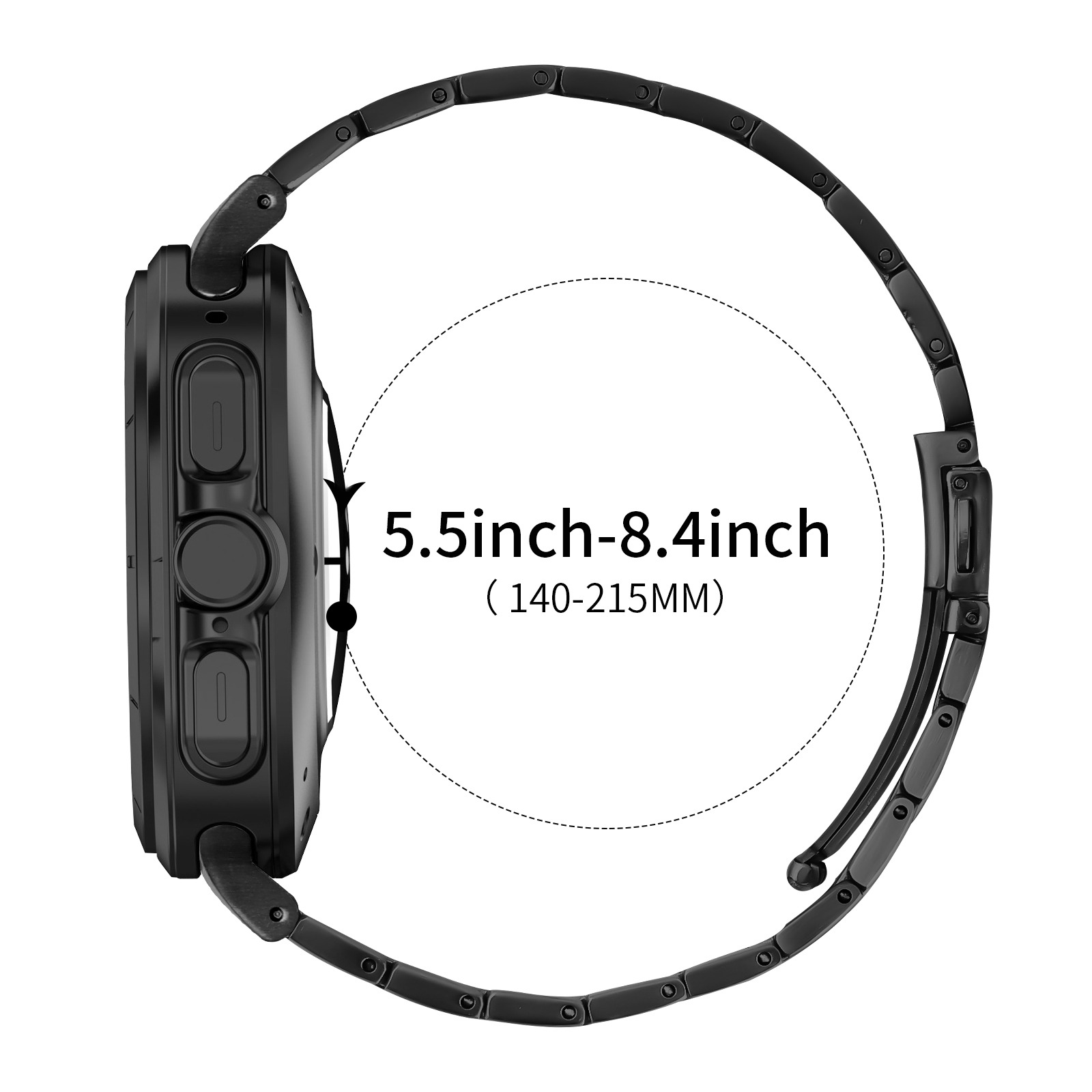 Schwarze Uhr mit Armband und Gehäuse, zeigt den Größenbereich, mit Text und Messung.